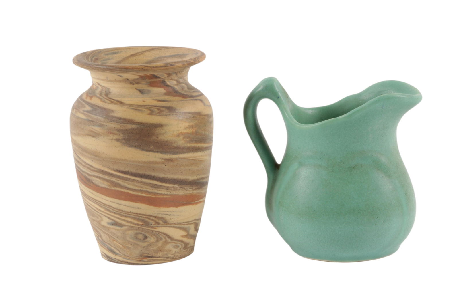 Niloak art pottery 2pc: Mission Swirl vase and matte green creamer, 5â€H x 3 1/4â€Diam. (vase) (1 of 11)