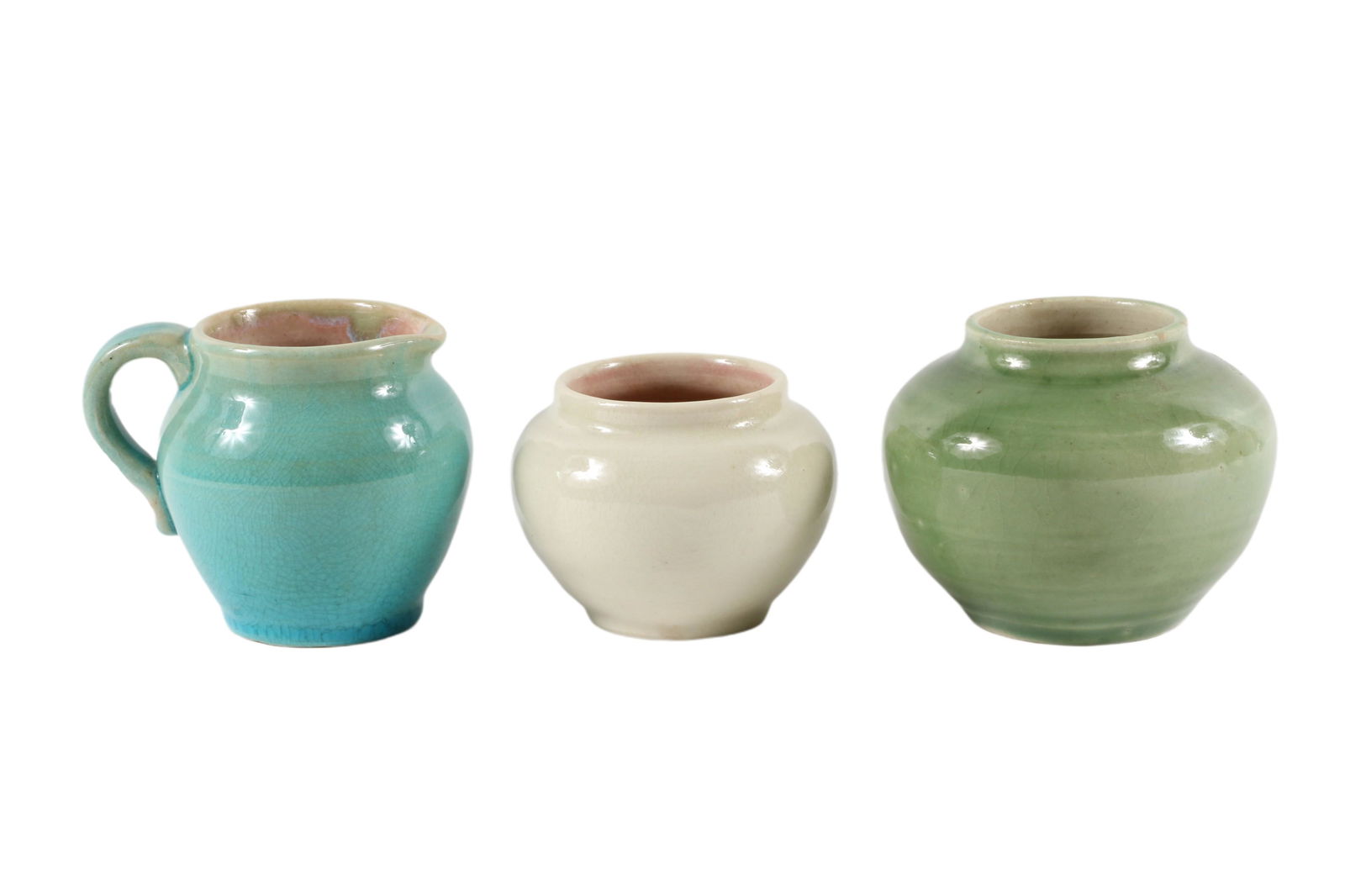 Three pieces of Pisgah Forest, 5 1/2â€ T x 3 1/4â€ D hand thrown Creamer; Turquoise high gloss (1 of 14)