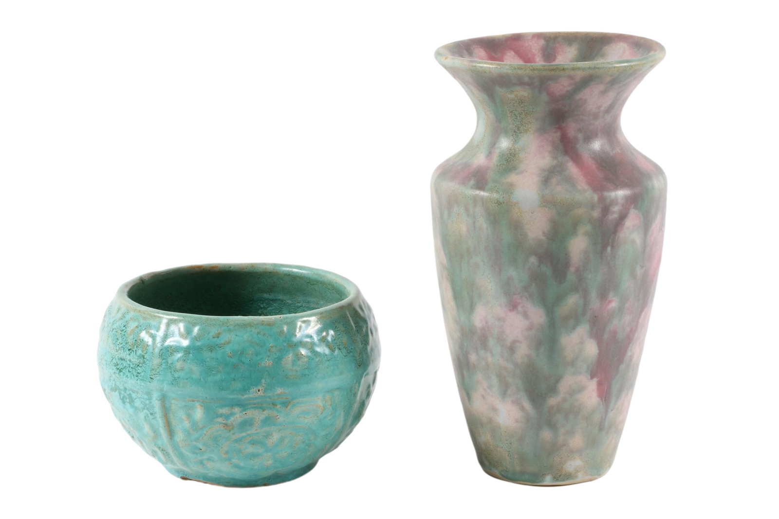 Two Burley Winter Vases, 8 1/4â€ T x 4 1/4â€ D Vase; Mottled Green over rose semi-matte glaze., 3 (1 of 12)