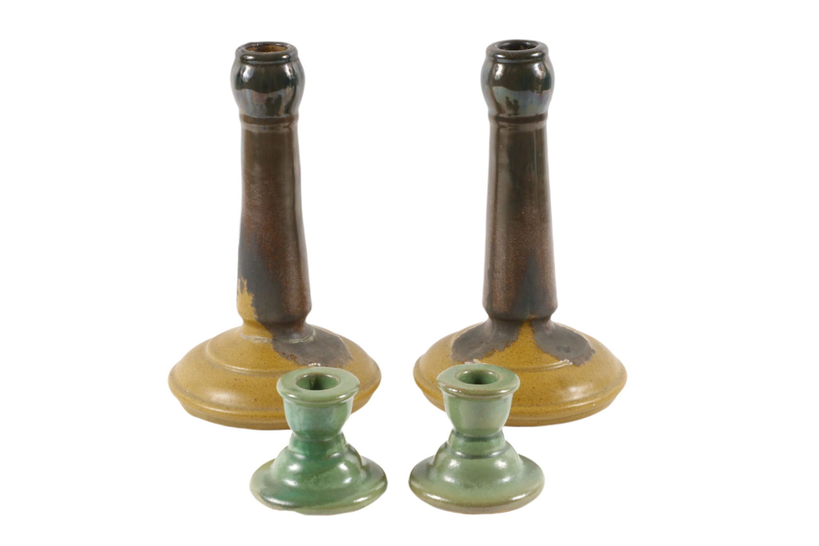 Two Pairs of Fulper Candle Holders, 8 1/2â€ T x 5 1/4â€ D candlesticks; high gloss flambÃ© over (1 of 17)