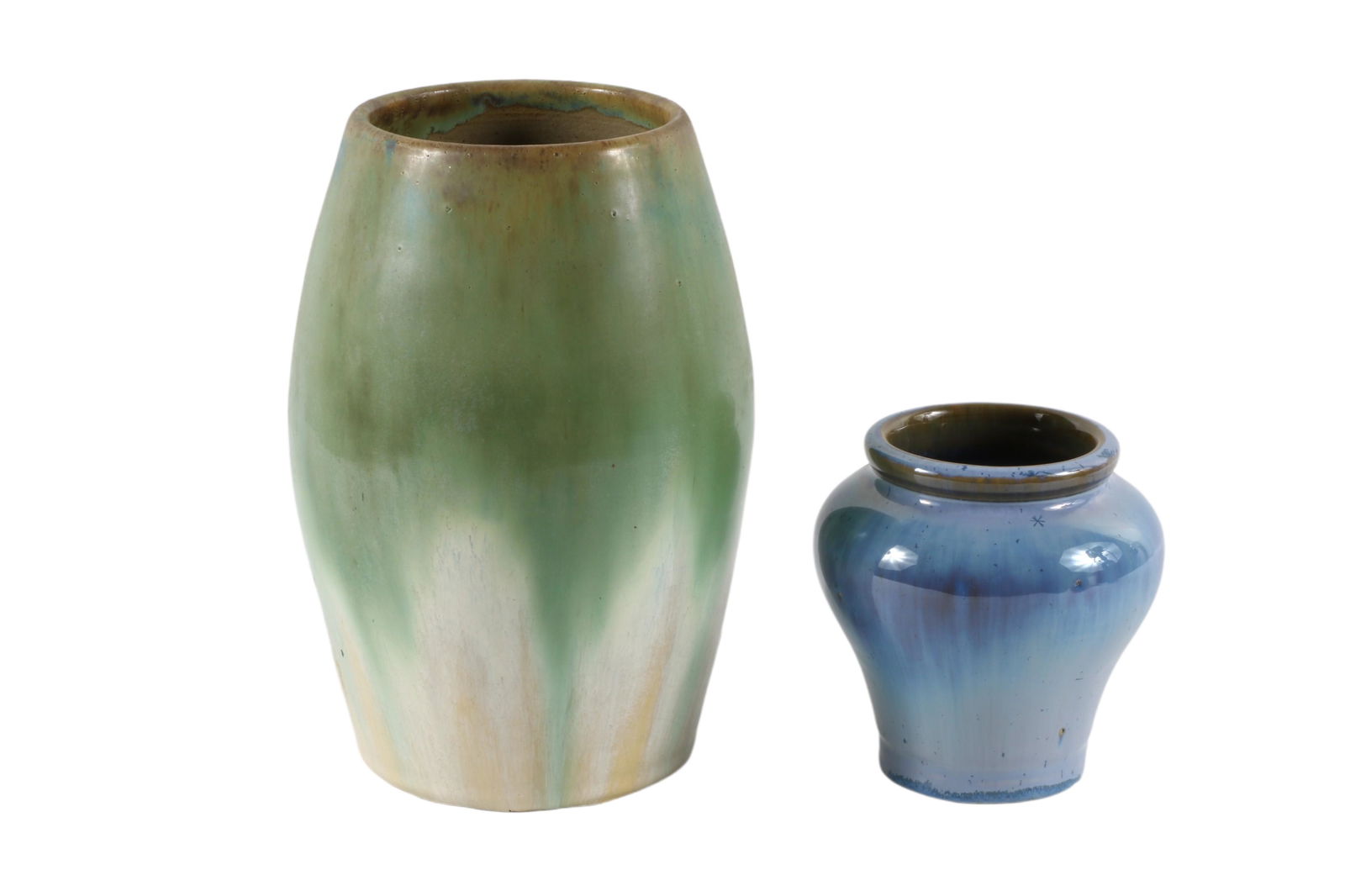 Fulper Prang & Rafco Vases, 8â€ T x 5â€ D Vase; early period; matte green drip glaze; vertical ink (1 of 16)