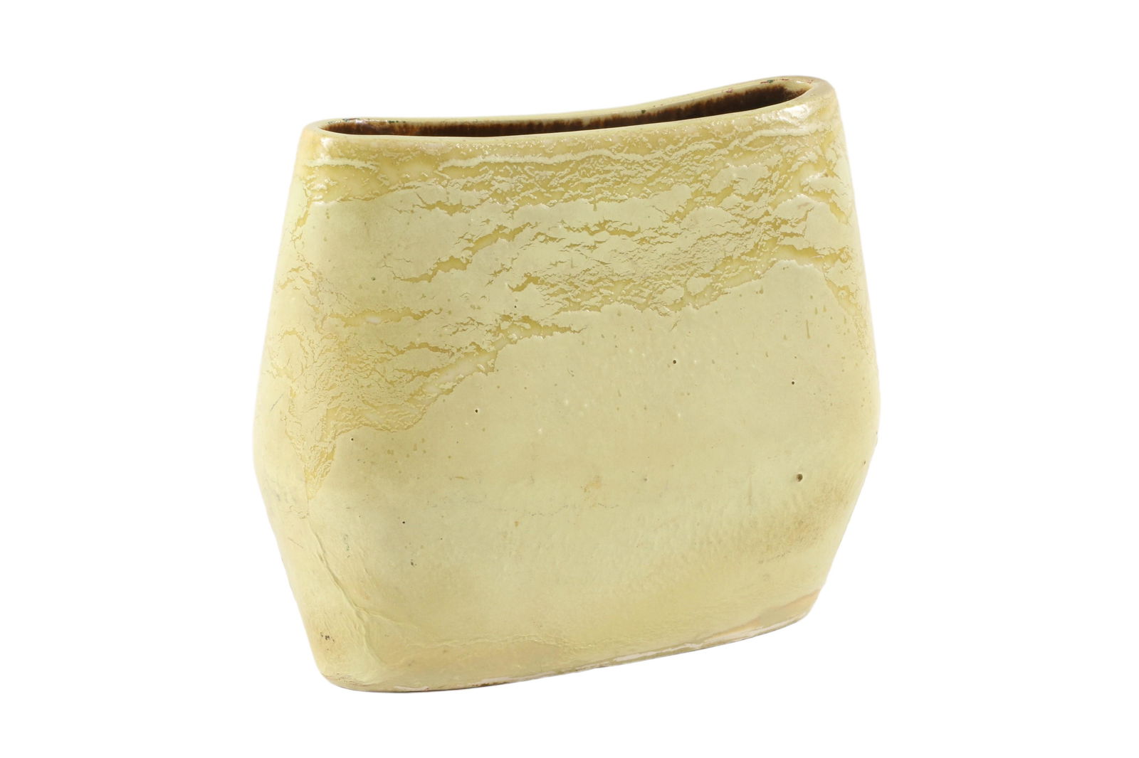 Russel Wright Bauer 1-A Pillow Vase, 8 1/2â€ T x 3 1/2â€ D x 9 1/2â€ W; â€œJonquil yellowâ€œ: Russel Wright Bauer 1-A Pillow Vase 8 1/2” T x 3 1/2” D x 9 1/2” W; â€œJonquil yellowâ€œ scumbled chartreuse vegetal glaze; marked â€œRussel Wright BAUER.”