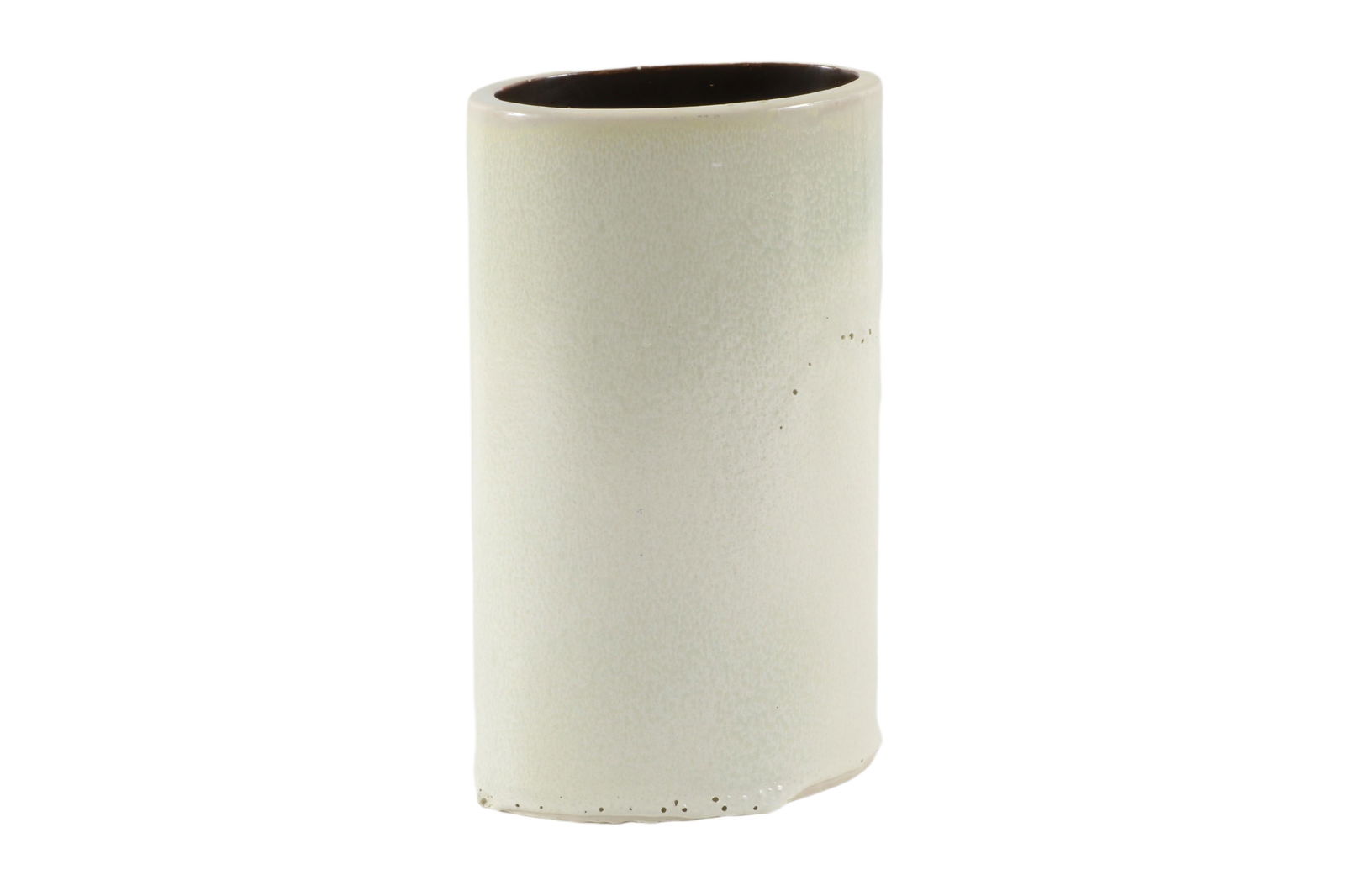 Russel Wright Bauer Vase, Shape #6; 10 T x 4â€ D x 5 3/4â€ W; â€œFigured Whiteâ€ textured glaze: Russel Wright Bauer Vase Shape #6; 10 T x 4” D x 5 3/4” W; â€œFigured White” textured glaze with Bronze interior; signed Russel Wright BAUER. Heavily dripped glaze at base; some