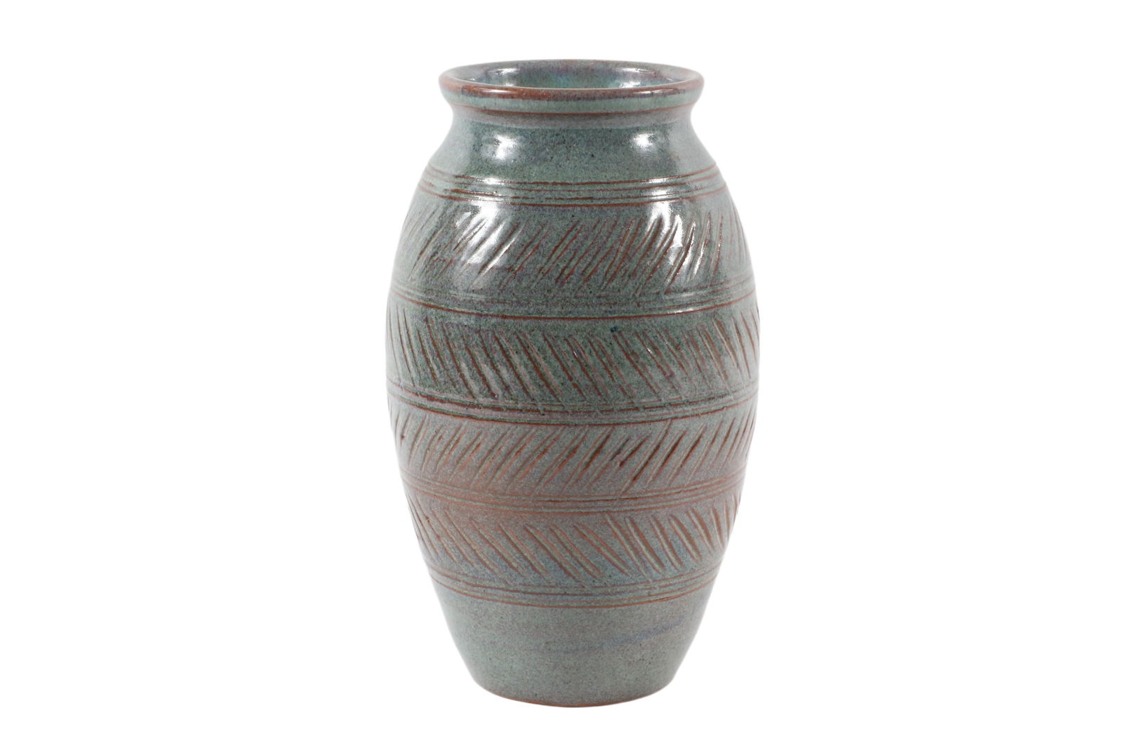 Karl Martz 1951 Vase, 8 1/4â€ T x 4 1/2â€ D Blue/grey high gloss glaze over red clay; impressed (1 of 9)