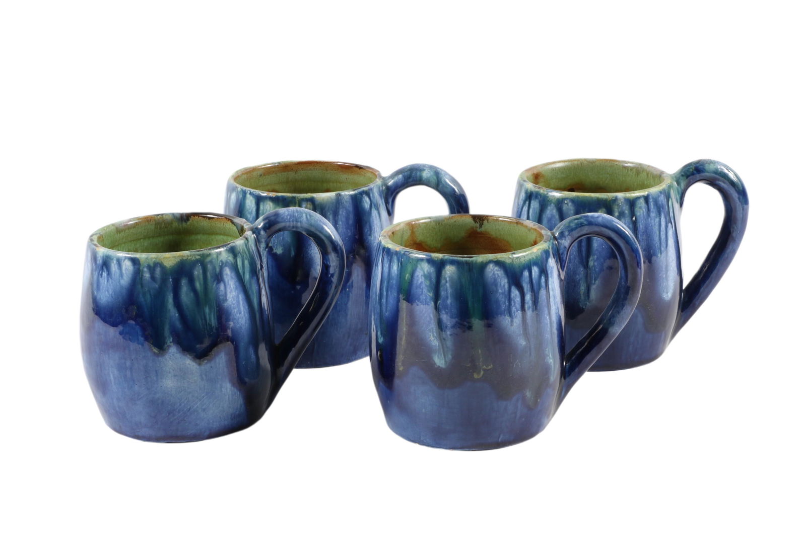 Four Brown County Hills Mugs, Four 3 1/2â€ T x 3â€ D handled Mugs; gloss blue drip exterior glaze (1 of 12)