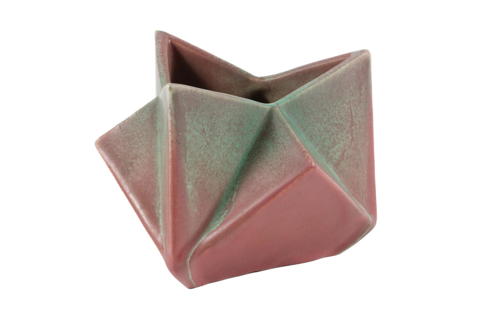 Muncie Ruba Rombic Star Vase, 4â€ T x 5â€ D; Shape #312; matte green over rose glaze; marked (1 of 9)