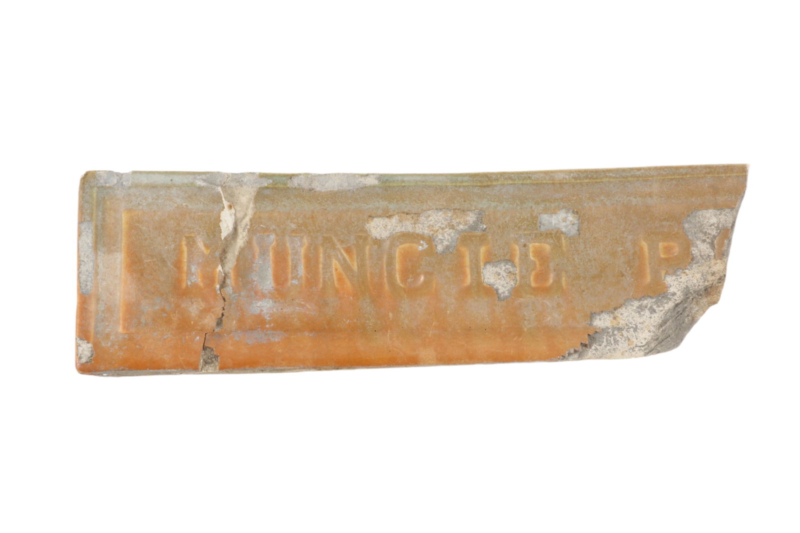 Muncie Pottery Dealer Sign (Fragment), 2â€ T x 1/2â€ D x 7â€ W; matte green over pumpkin glaze; (1 of 8)