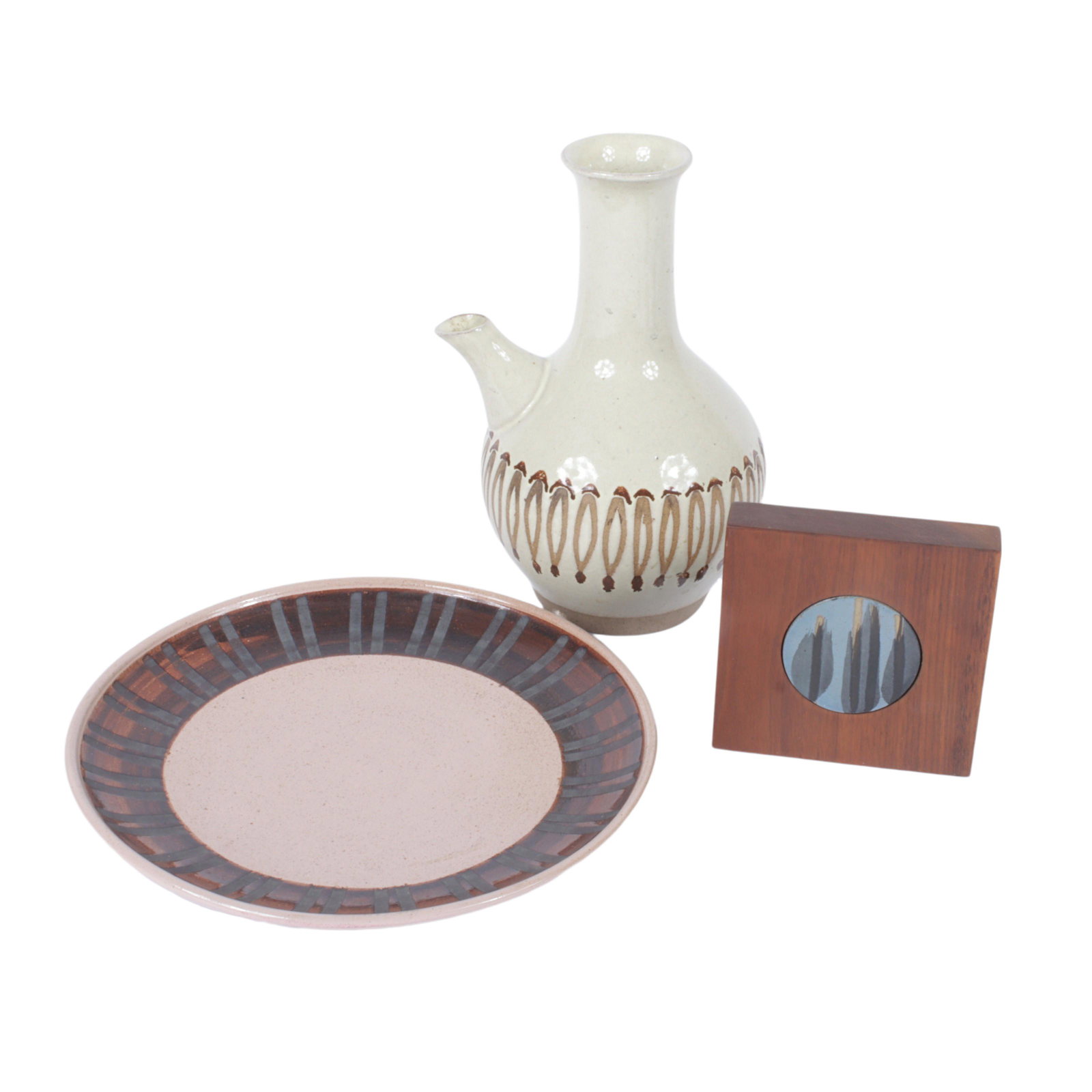 Lot of 3 Gordon and Jane Martz Marshall Studios pottery: carafe, dinner plate, and walnut bookend 10 (1 of 10)