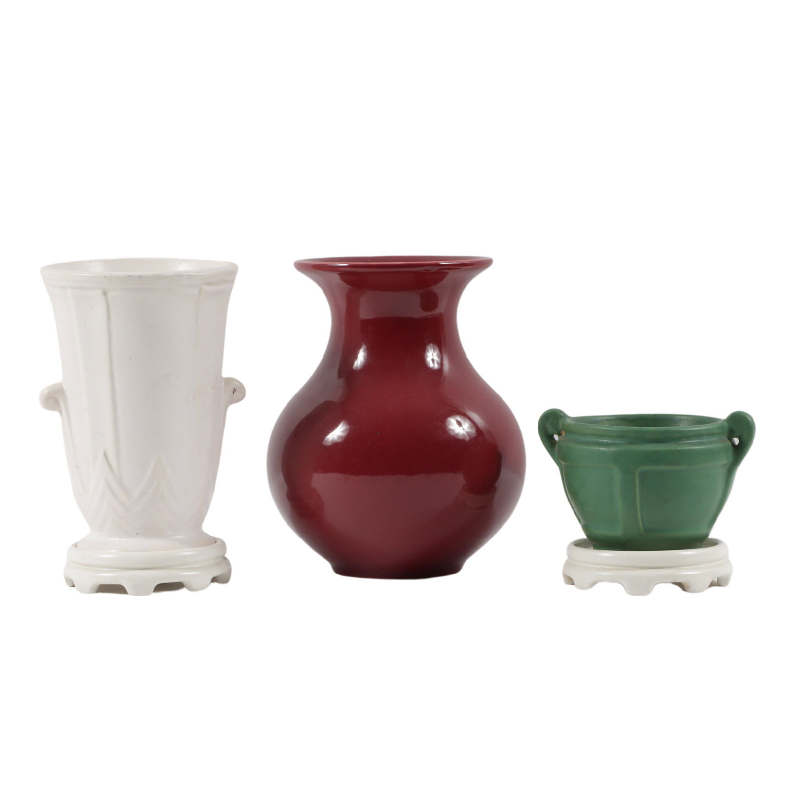 Art pottery 5pc. group: Abingdon pair of matte white pot stands, Art Deco matte white vase, 6"H x 4 (1 of 17)