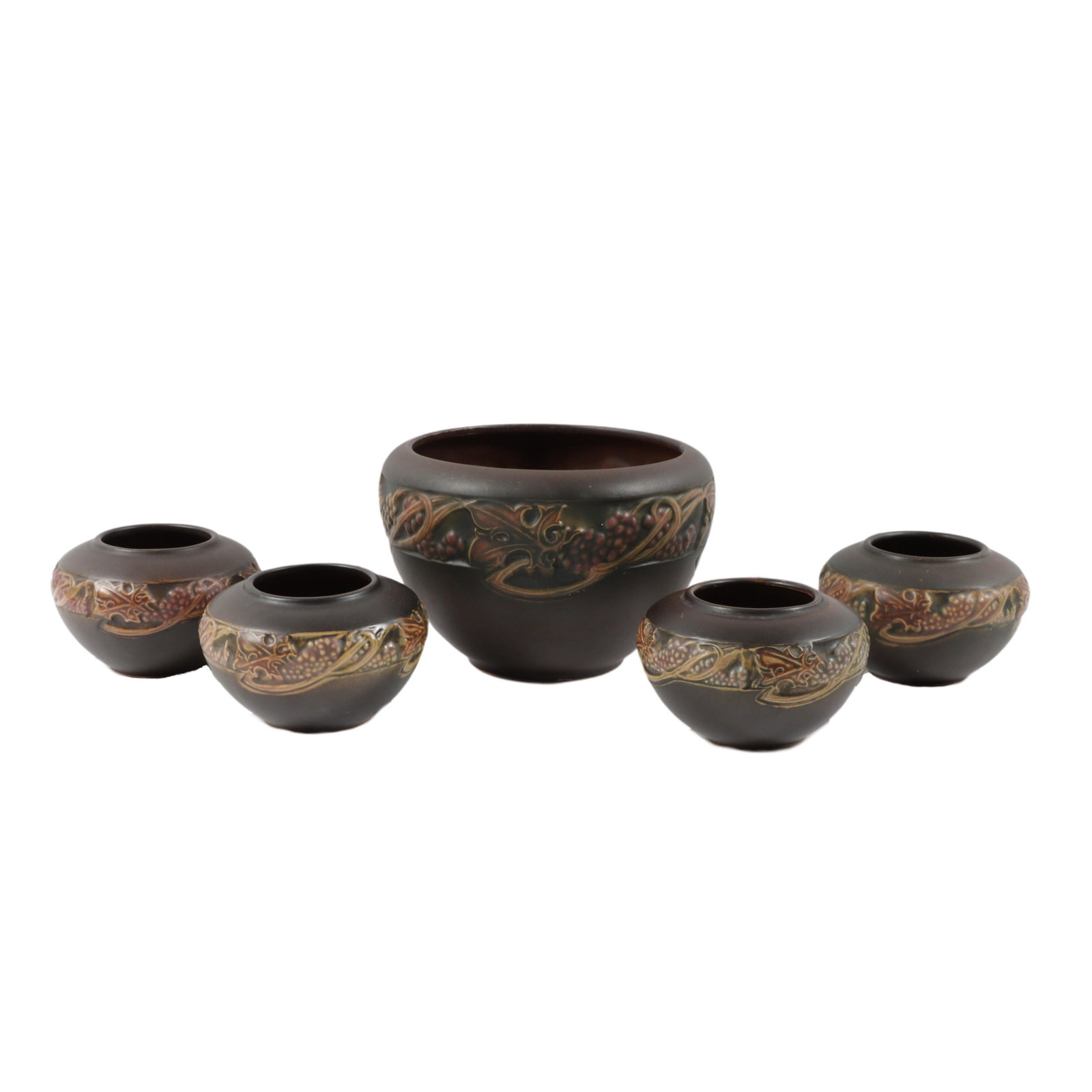 Roseville Rosecraft Grapevine art pottery 5pc. group: one (1) large and four (4) small brown (1 of 11)