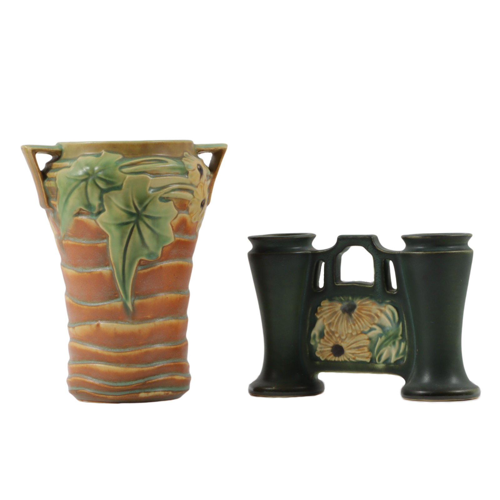 Roseville art pottery 2pc group: Luffa brown large handled vase, Rosecraft dark green panel double (1 of 15)