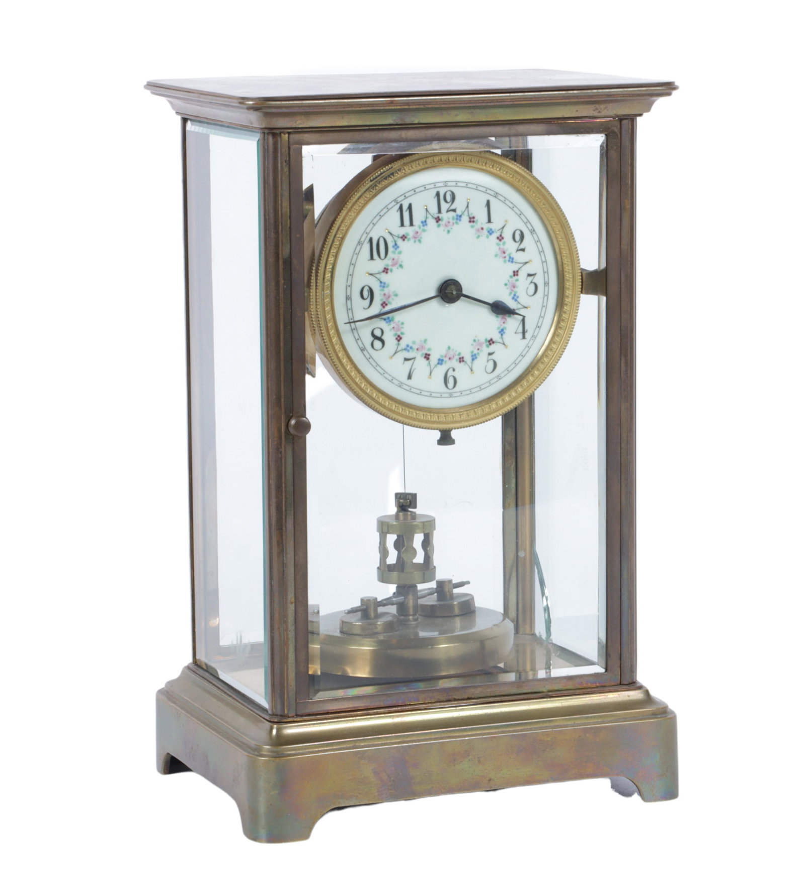Brass and glass panel mantle clock with enamel floral decorated porcelain dial 11"H x 7"W x 5 1/2"D (1 of 8)