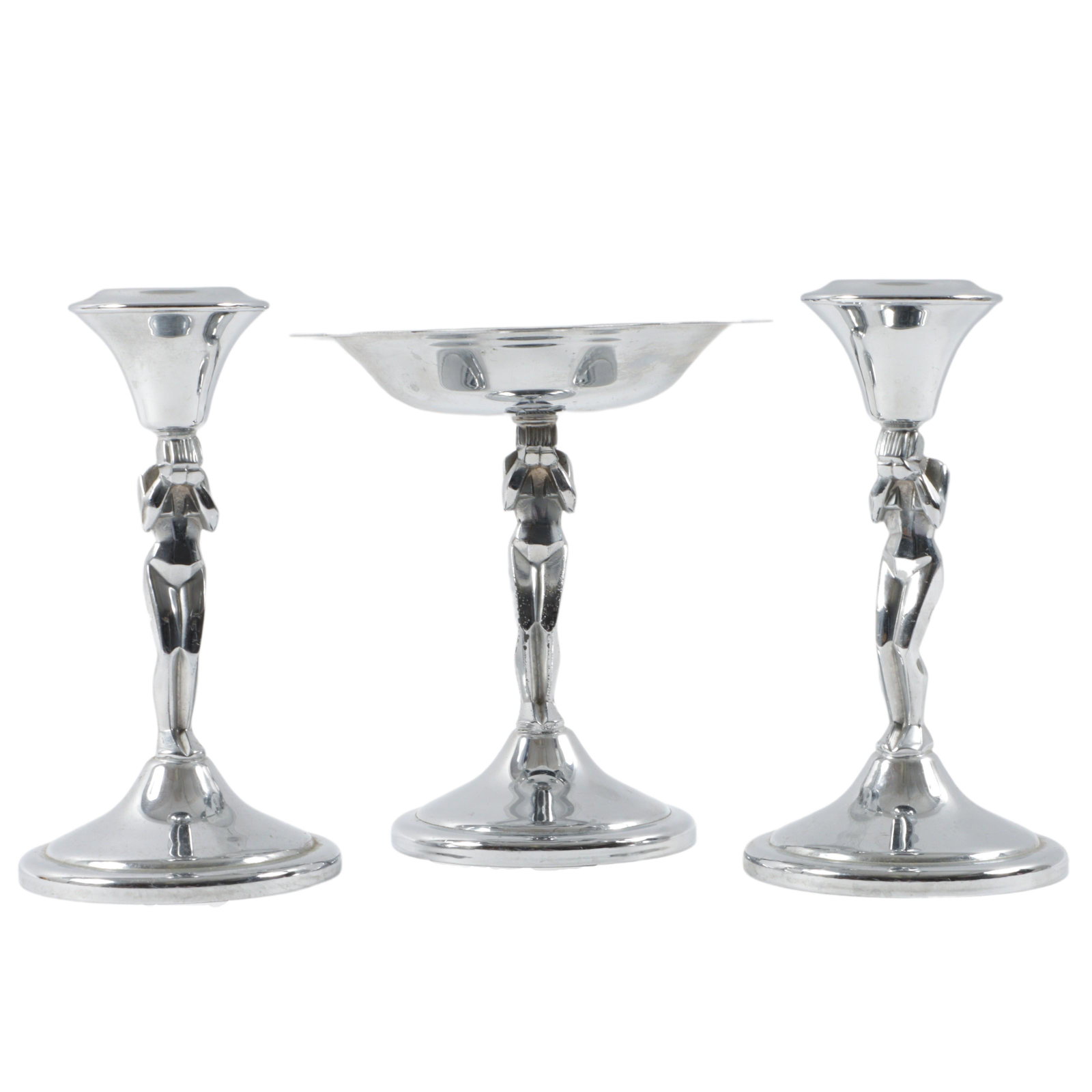 Farberware weeping female nude chrome taper candle holders, and pedestal compote. 6 1/2"H x 6"Diam.: Farberware weeping female nude chrome taper candle holders, and pedestal compote. Both marked with Farberware Brooklyn NY impression. 6 1/2"H x 6"Diam.