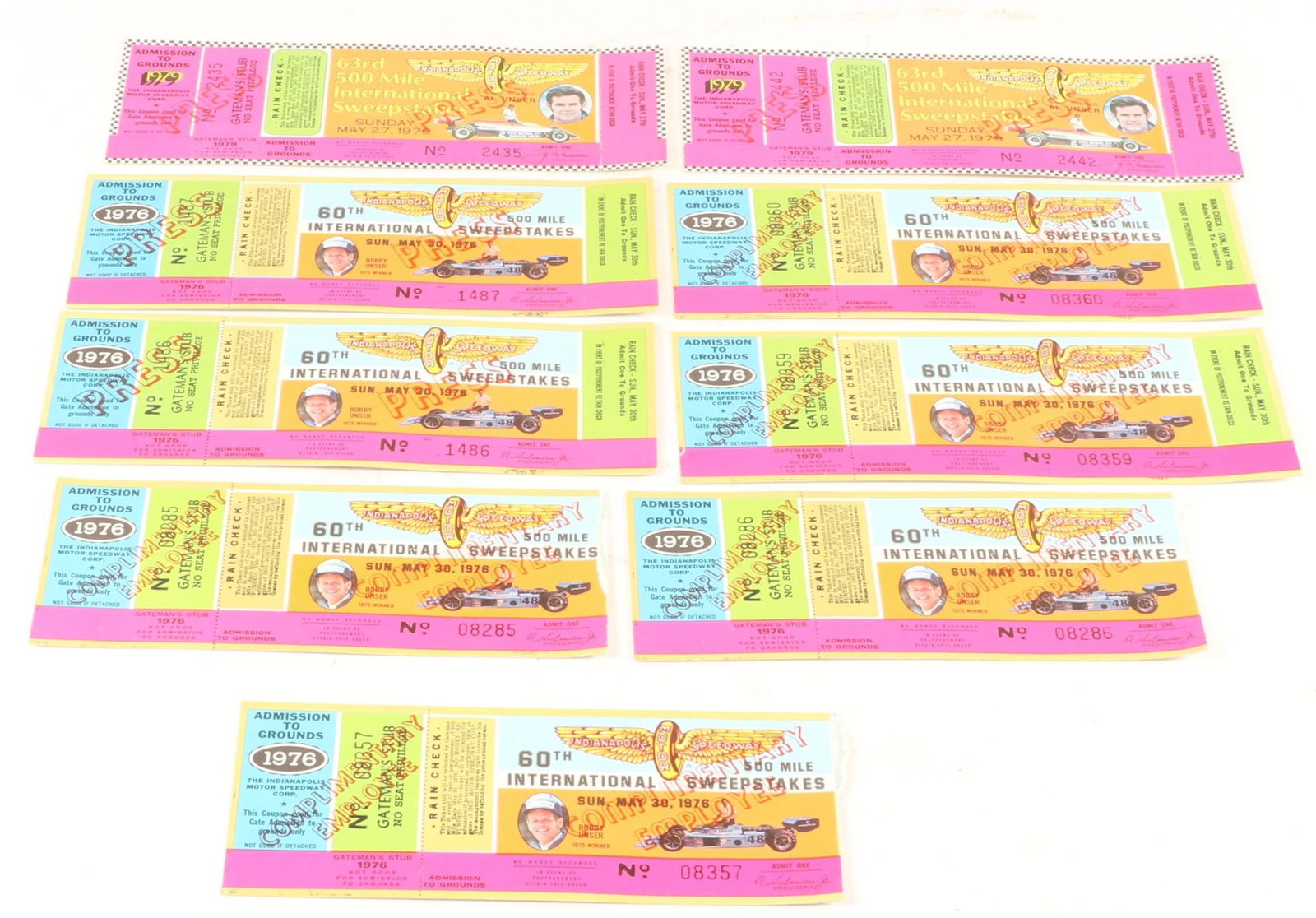 Lot of 9 - 1976 & 1979 Indy 500 Tickets, 6 Full Tickets: Lot of 9 - 1976 & 1979 Indy 500 Tickets, 6 Full Tickets The tickets are all stamped Press or Complimentary Employee. Included are the following: 3-1976 with gateman's stub torn off. 4-1976 full ticket