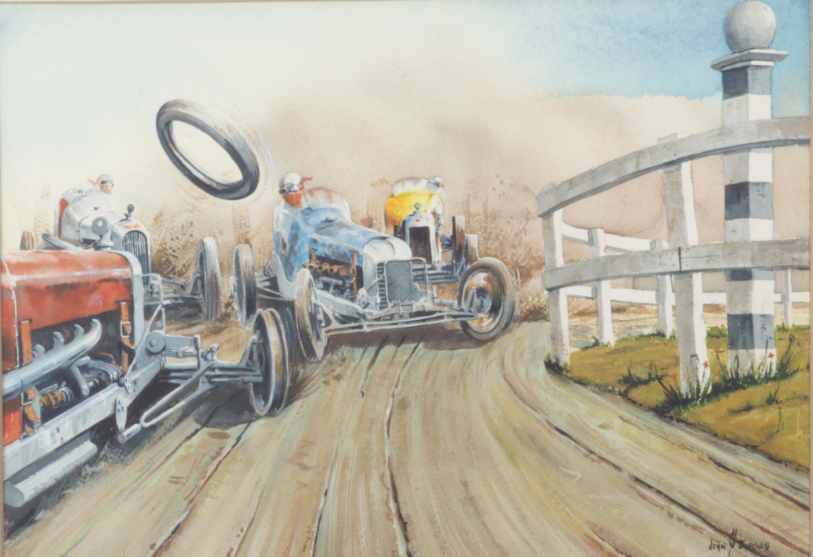 John W. Burgess "Trouble in the 1st Turn" Half Sheet Watercolor Painting (1 of 10)
