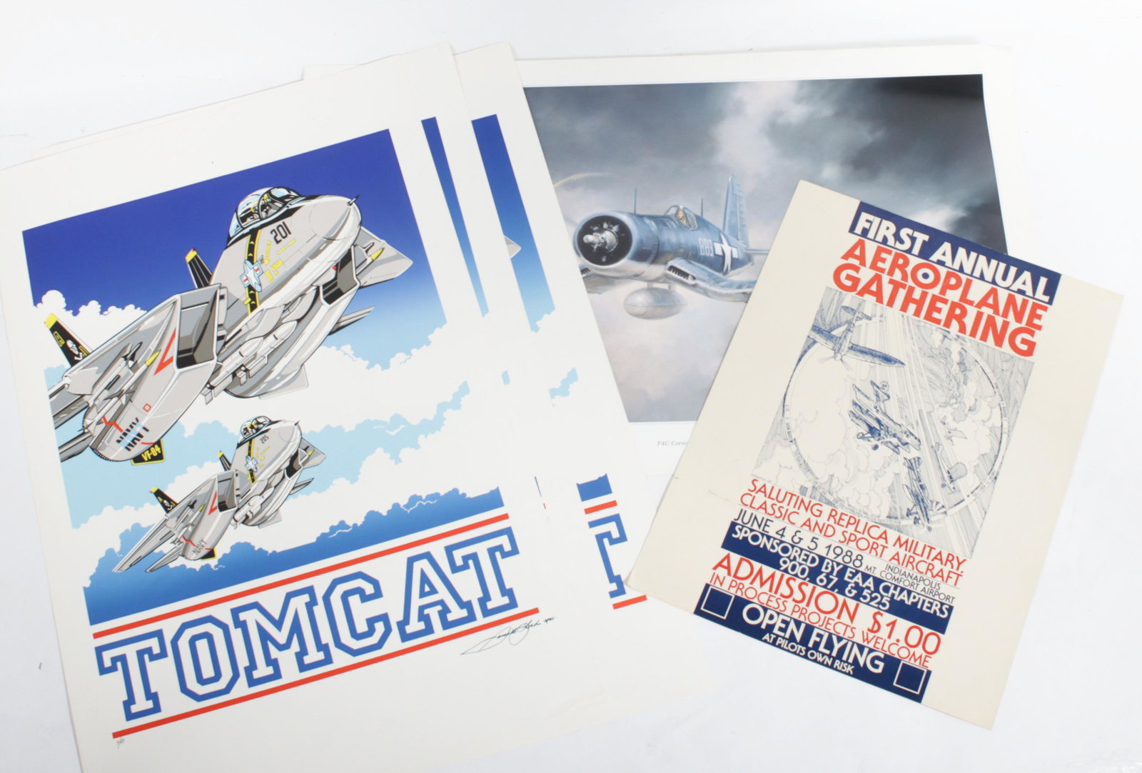 Lot 5 of Airplane Prints: Lot 5 of Airplane Prints Nice lot of Airplane Prints. Included are the following: 1988 First Annual Aeroplane Gathering Indianapolis/ Mt. Comfort Airport, measures 16x22. F4U Corsair by John Young, me