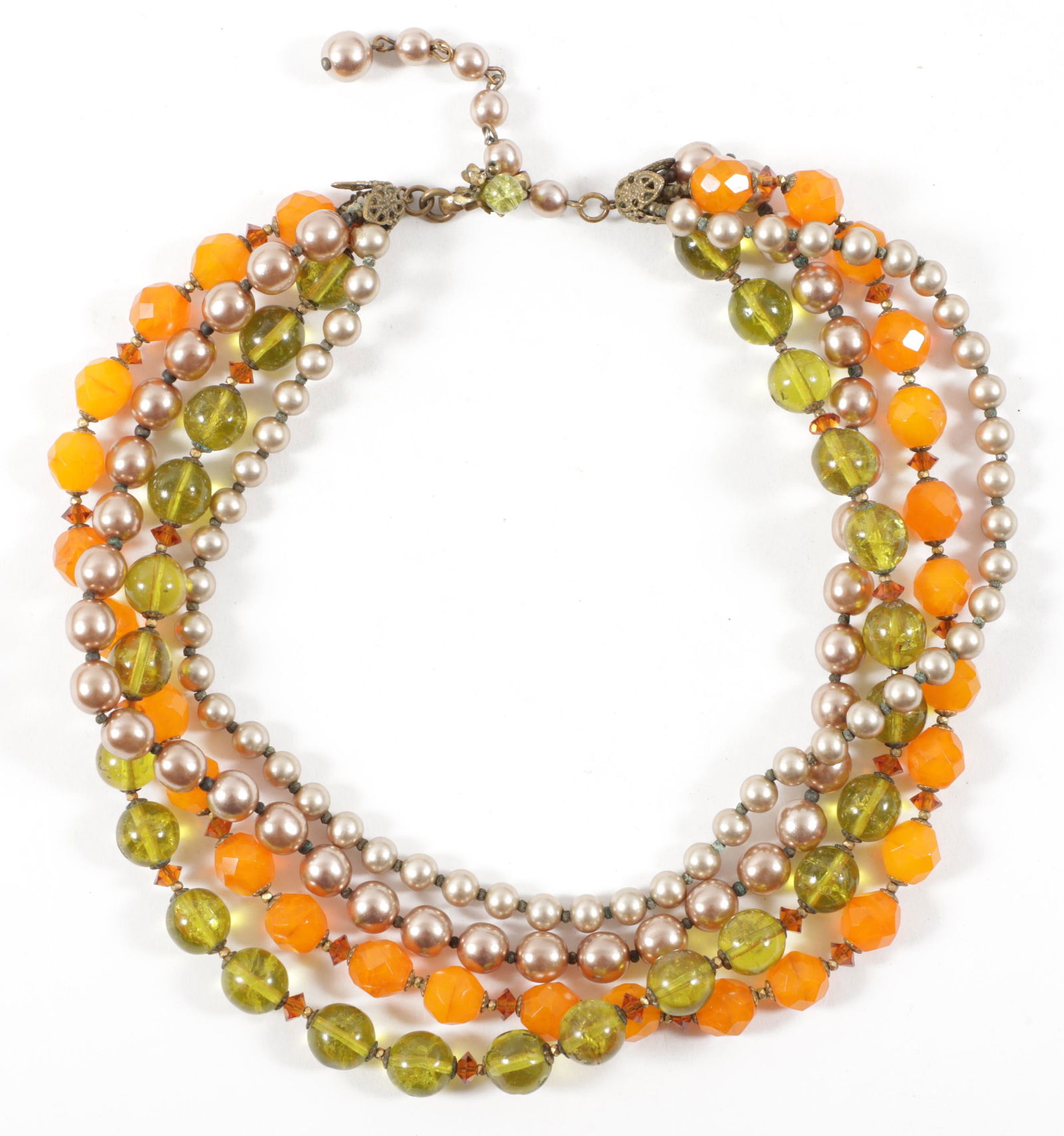 Miriam Haskell multi strand necklace, with green and orange glass beads and faux pearls. 17"L x 1"W (1 of 6)