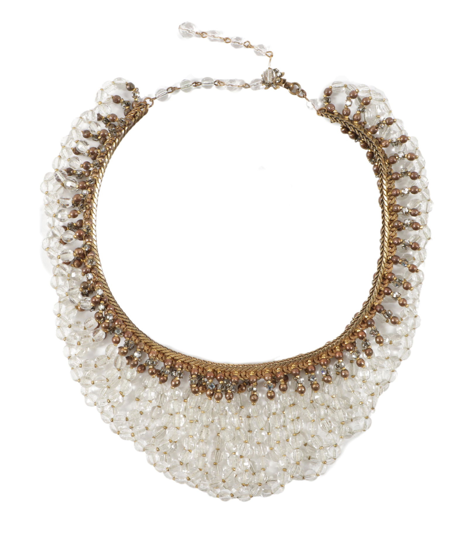 Miriam Haskell gold-tone waterfall necklace, with graduated cascading loops of clear glass, gold: Miriam Haskell gold-tone waterfall necklace, with graduated cascading loops of clear glass, gold pearls and clear prong set glass rhinestones. 19"L x 2 1/2"W