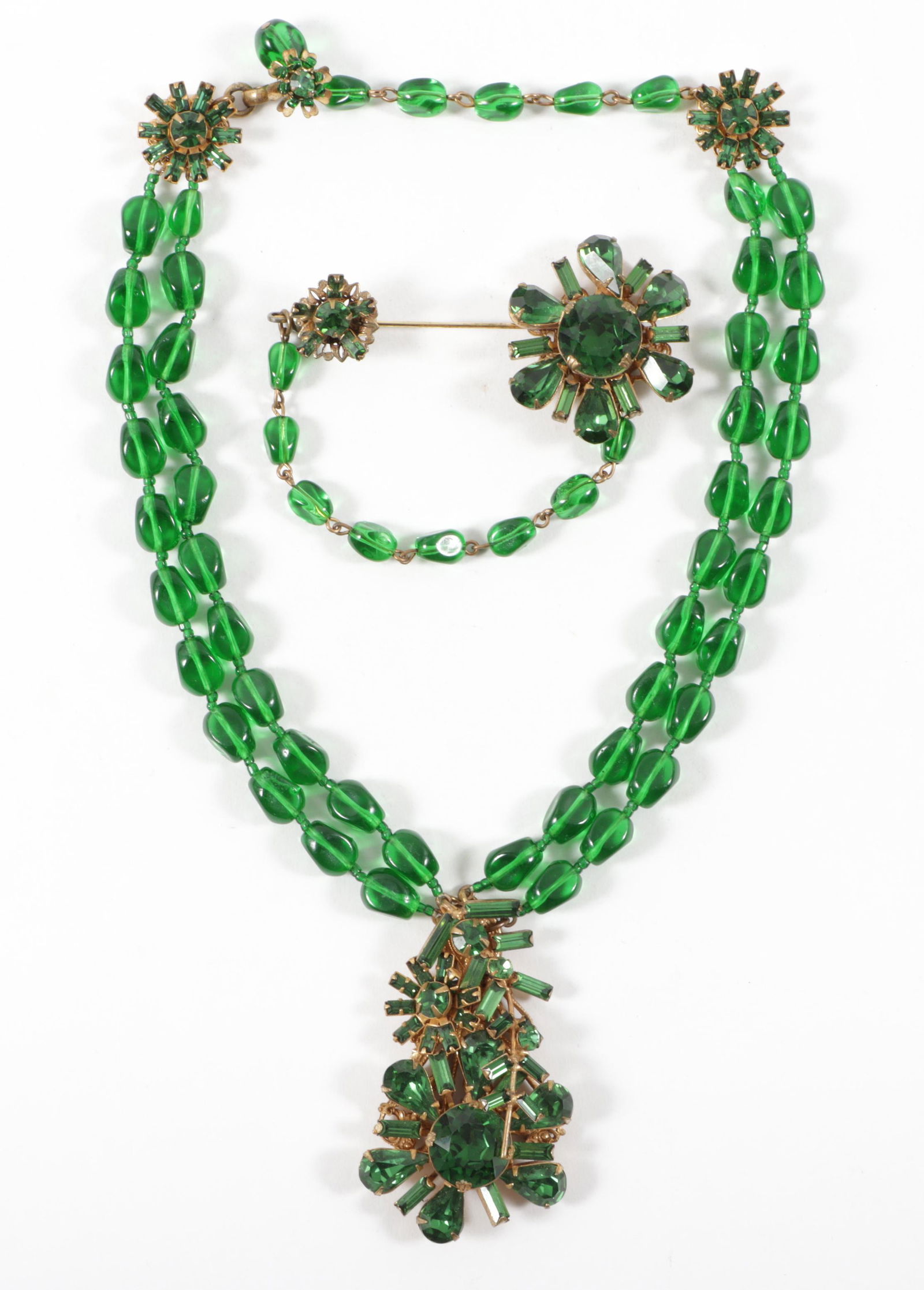 Miriam Haskell 2pc group: Book pieces; "Necklace of two strands of green poured glass beads (1 of 7)