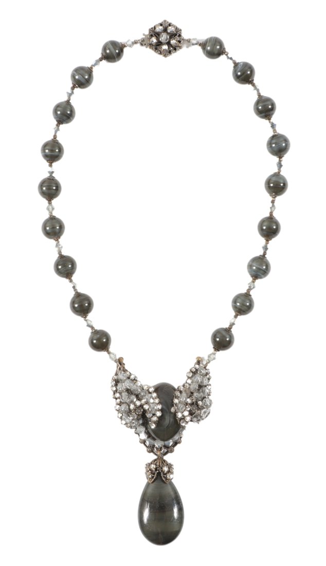 Miriam Haskell black swirl art glass beaded necklace with rhinestone and crystal rhinestone details. (1 of 6)