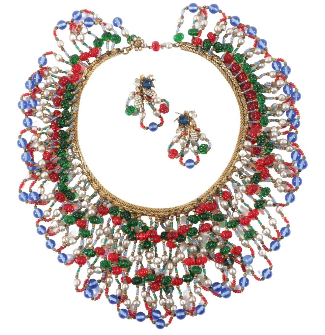 Miriam Haskell 2pc group: Large collar bib looping fringe statement necklace with colorful design (1 of 8)
