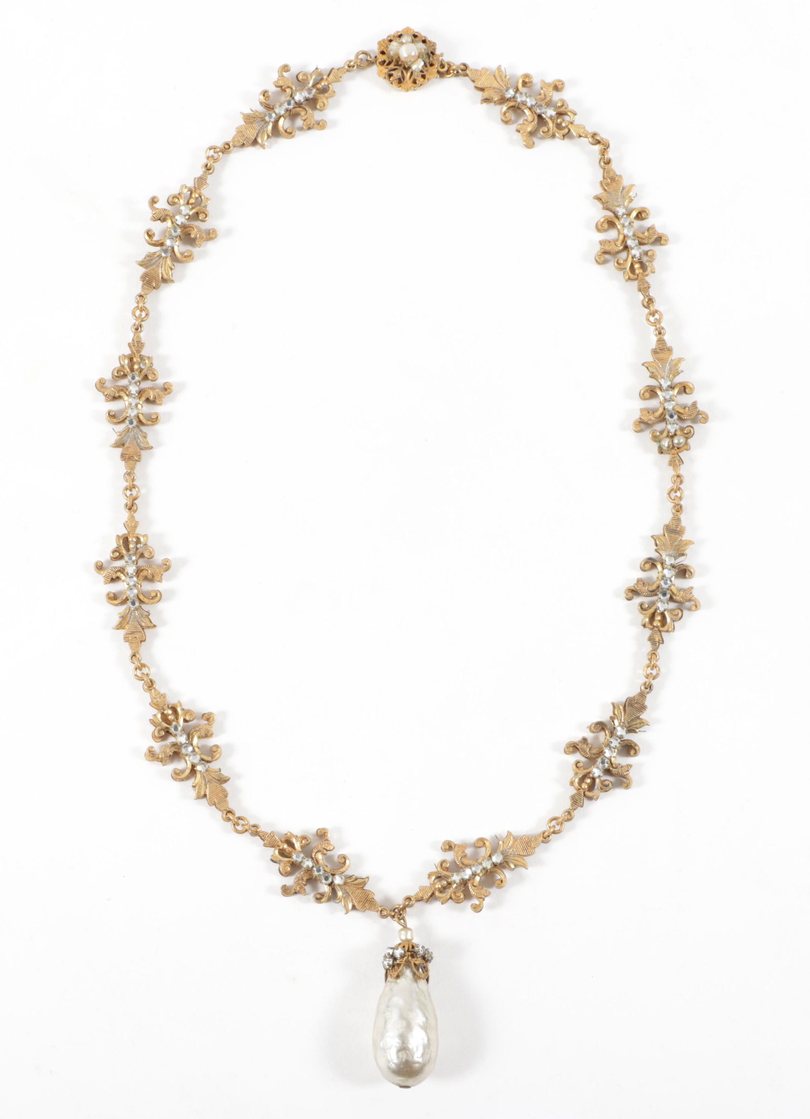 Miriam Haskell pendant necklace, gold-tone metal scroll Florentine links with clear prong set (1 of 6)