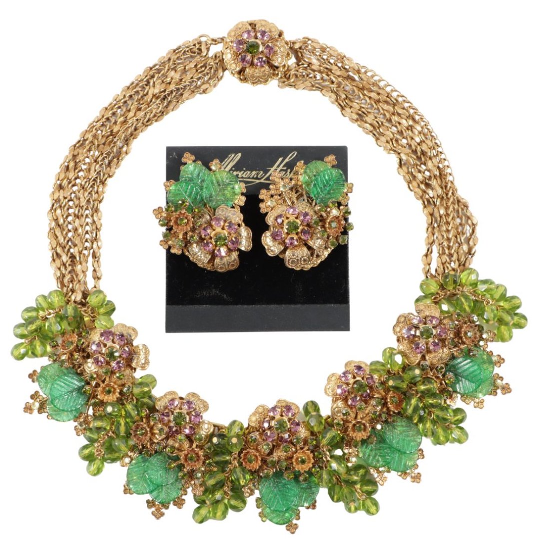 Miriam Haskell 2pc group: Book pieces, "Necklace,...and earrings with dark green molded glass (1 of 9)