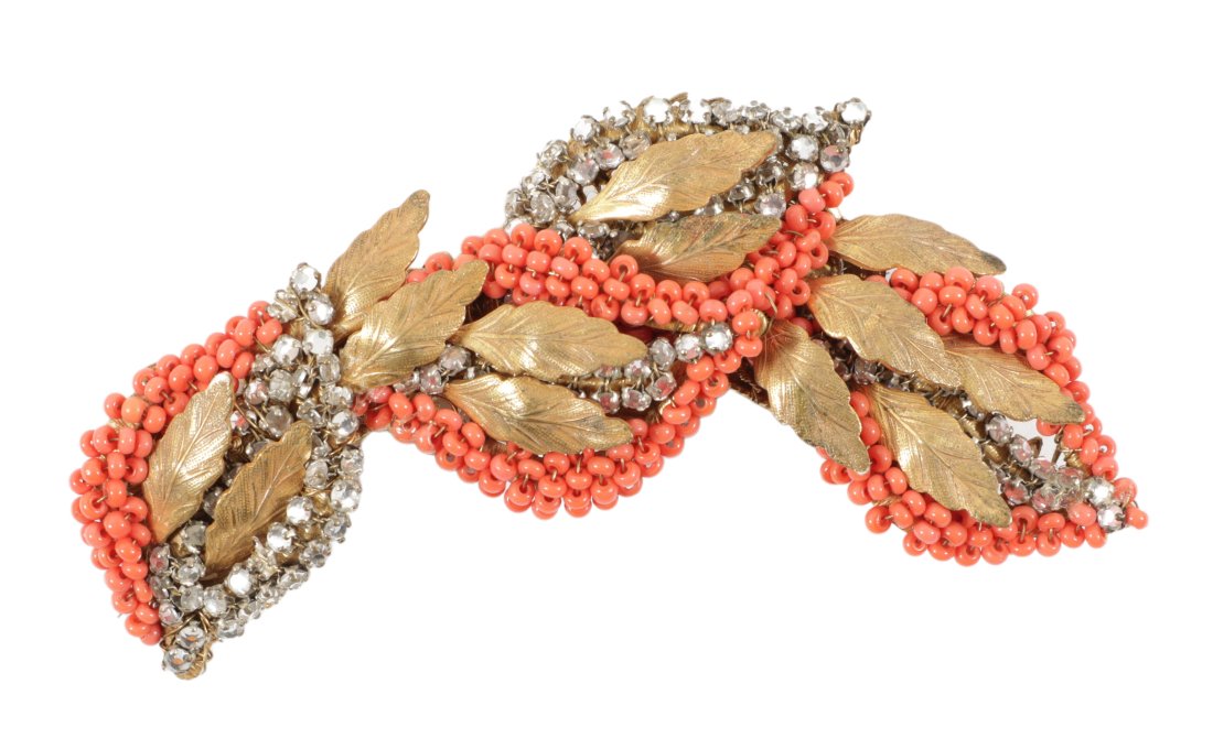 Miriam Haskell coral colored seed bead and rhinestone leaf pin brooch. 3 1/2"L x 1 1/2"W (1 of 5)