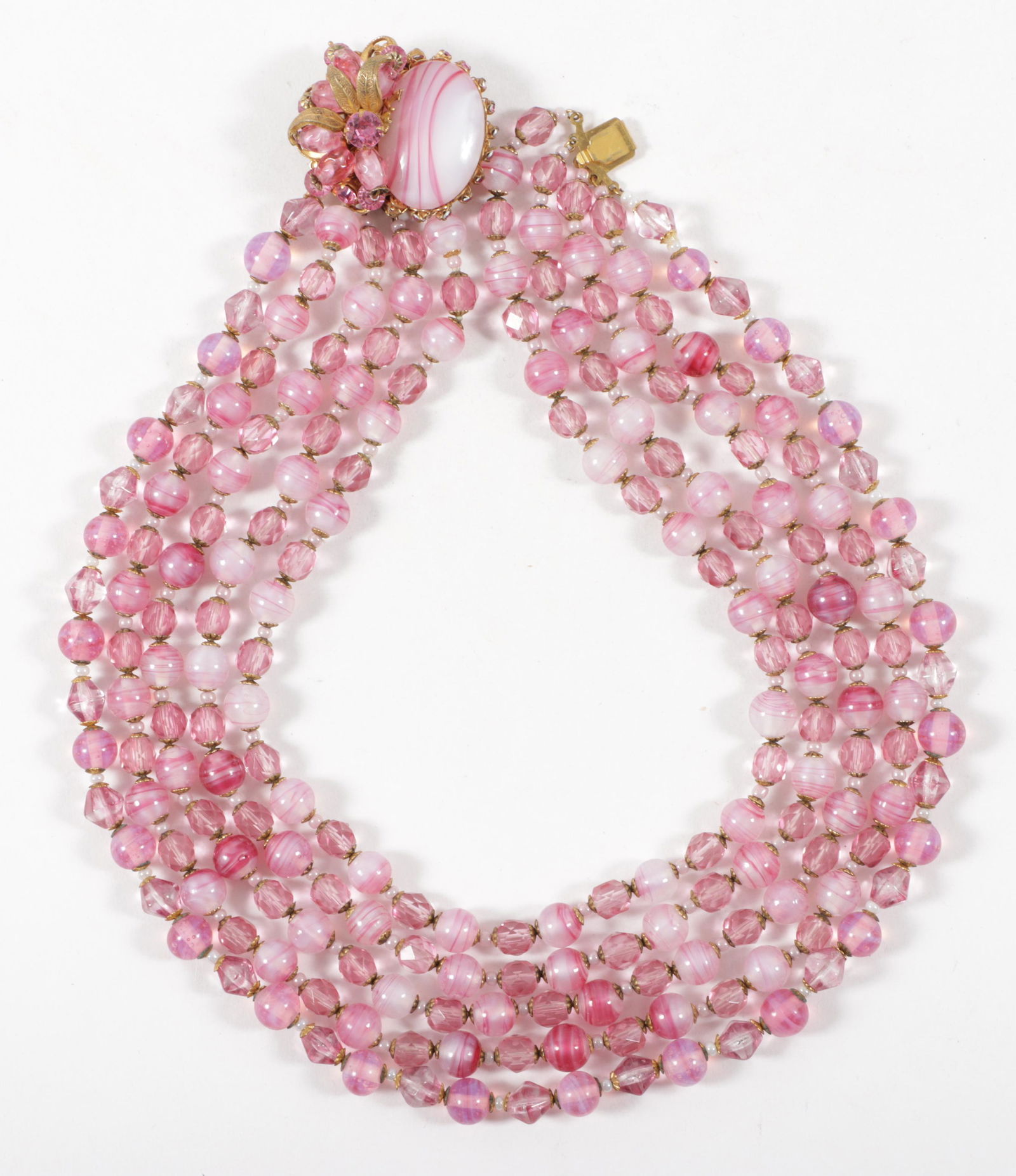 Miriam Haskell five strand pink swirl glass and crystal bead necklace, with gold tone gilt and pink (1 of 5)