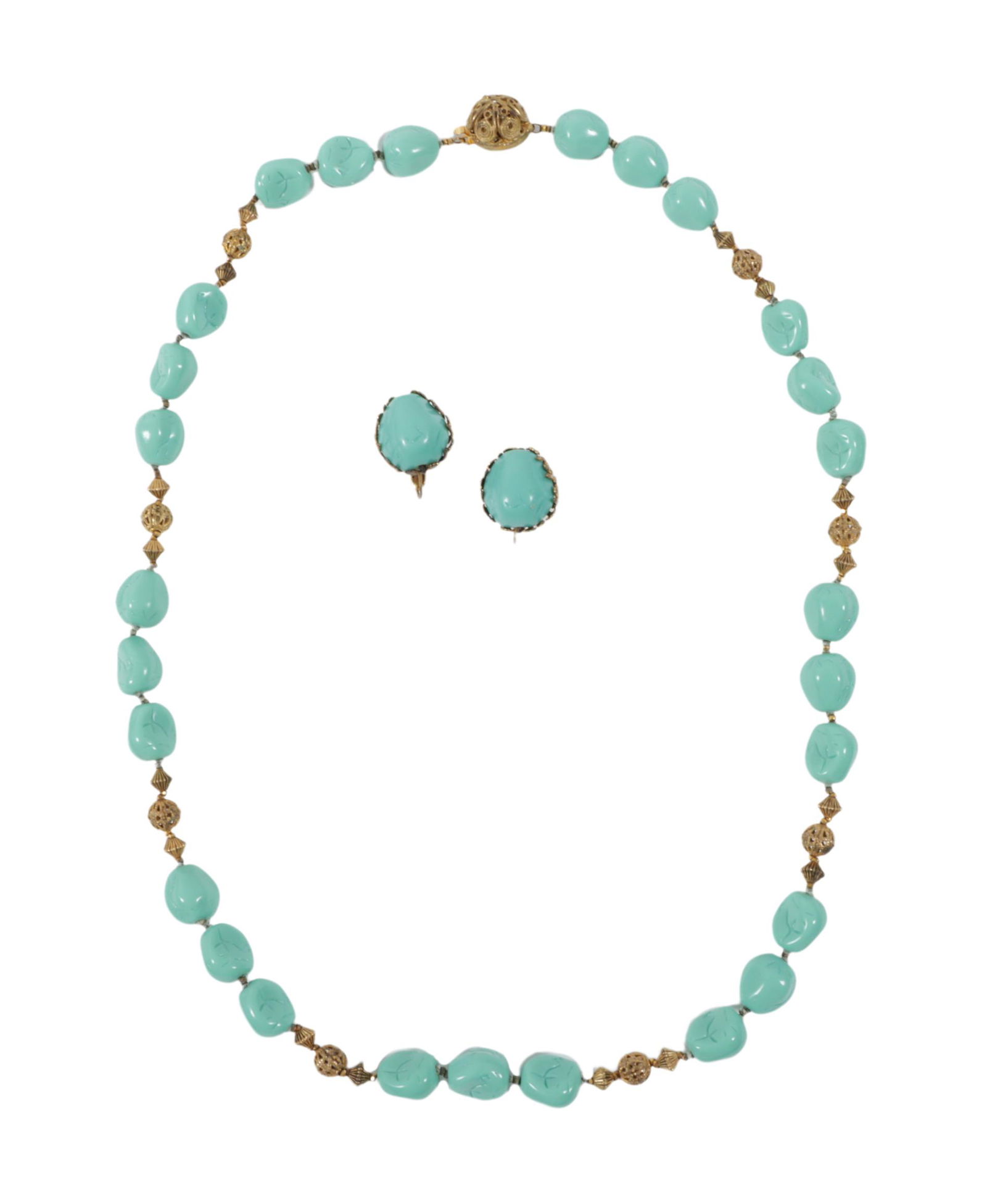 Miriam Haskell single strand opaque turquoise poured glass bead single strand necklace with matching (1 of 8)