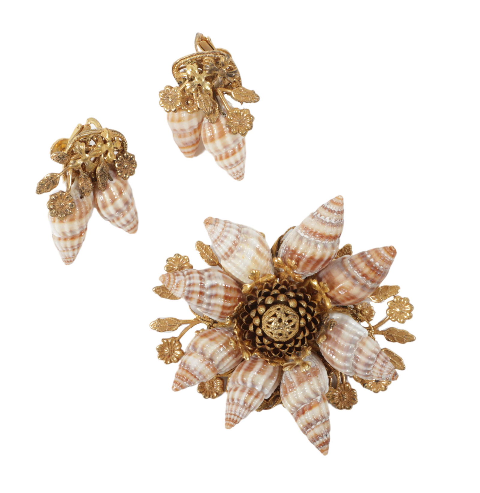 Miriam Haskell cone seashells and gilt brass flowers matching brooch and earrings. 2 1/2"H x 3"W: Miriam Haskell cone seashells and gilt brass flowers matching brooch and earrings. 2 1/2"H x 3"W (brooch)