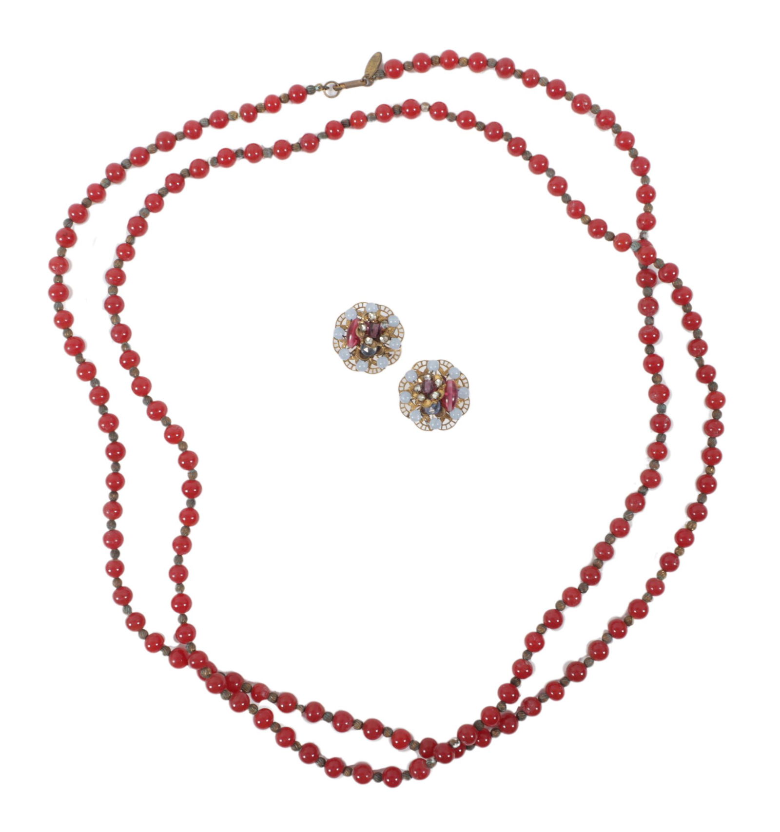 Vintage jewelry 2pc group: Miriam Haskell very long necklace made of wine colored glass beads and: Vintage jewelry 2pc group: Miriam Haskell very long necklace made of wine colored glass beads and earrings with multi colored glass beads and rhinestones, marked "sterling"; attributed to Miriam Haske