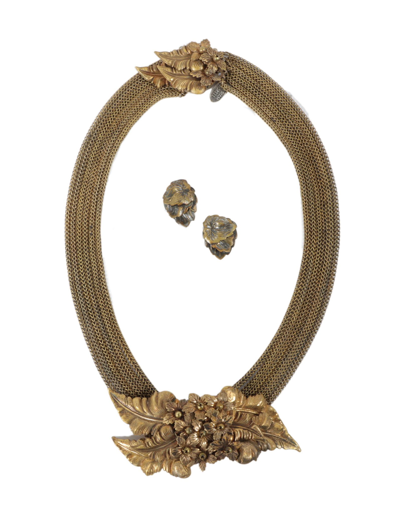 Miriam Haskell multi chain gilt brass layered flower cluster necklace with unsigned leaf earrings (1 of 7)