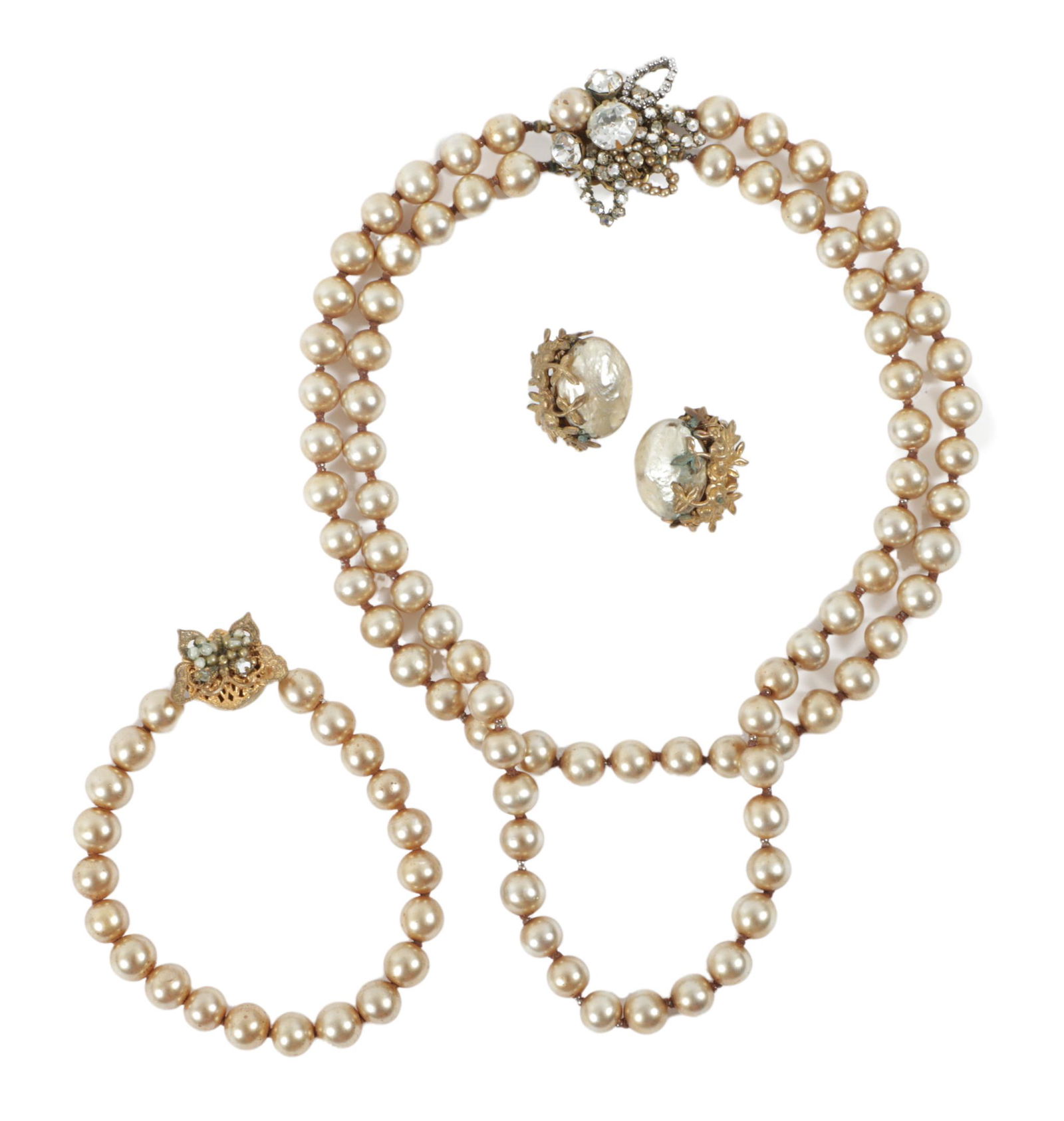 Miriam Haskell 3pc faux pearl jewelry group: two strand necklace with fancy rhinestone flower box (1 of 13)