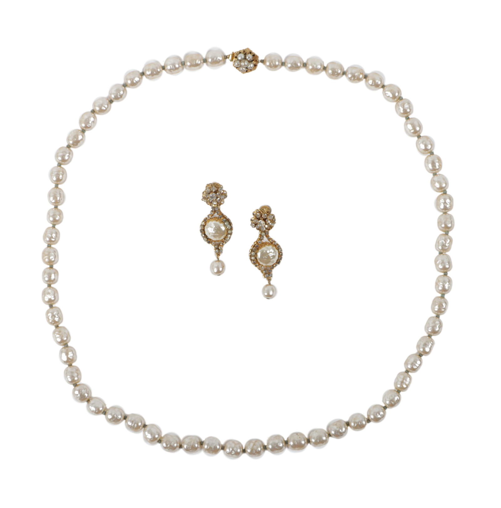 Miriam Haskell 2pc faux pearl jewelry group: opera length single strand of faux pearls with double (1 of 8)