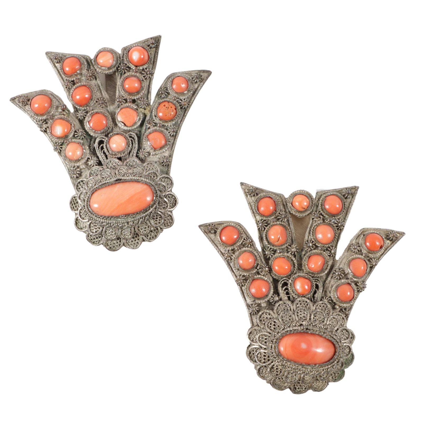 Pair vintage 1920s silvered Chinese filigree clips with coral colored Peking glass stones; marked (1 of 7)