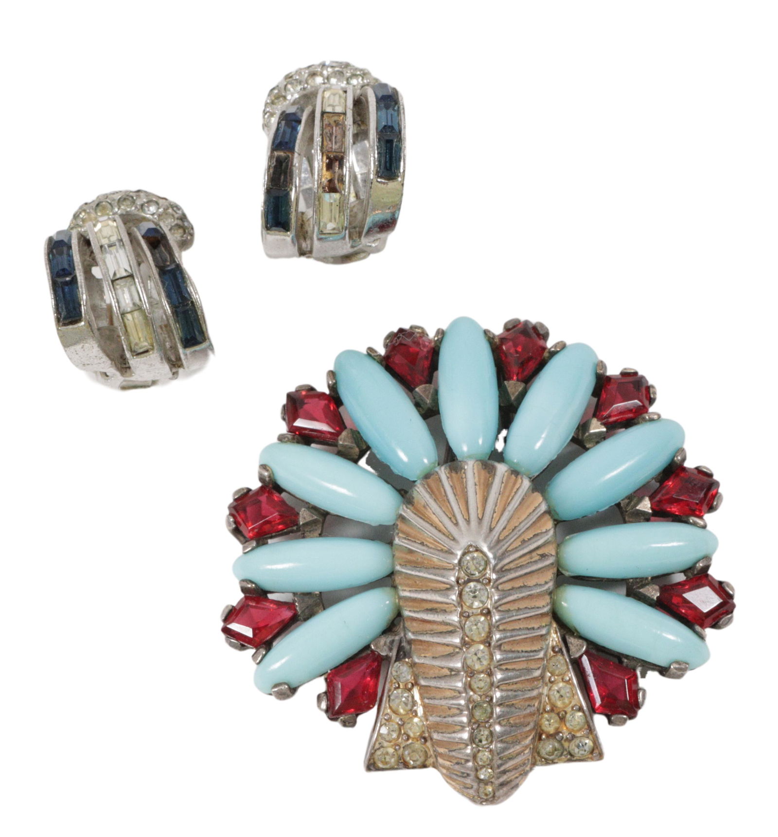 Marcel Boucher, MB sterling vermeil retro art deco pin clip with turquoise opaque glass cabochons, (1 of 8)