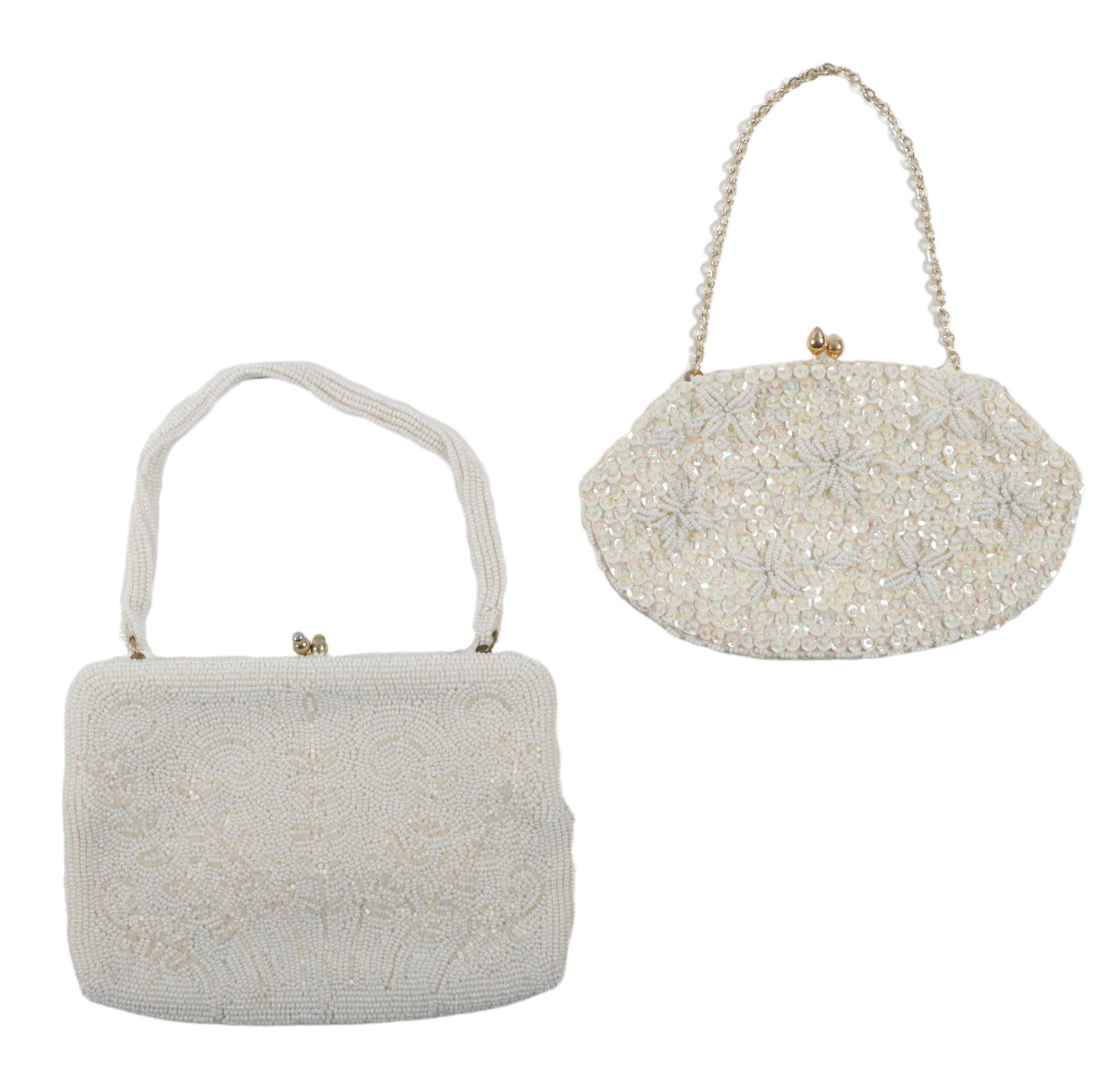 Two vintage white glass beaded handbags, one with sequins on silk. 5"H x 7 1/2"W x 1"D (square) (1 of 10)