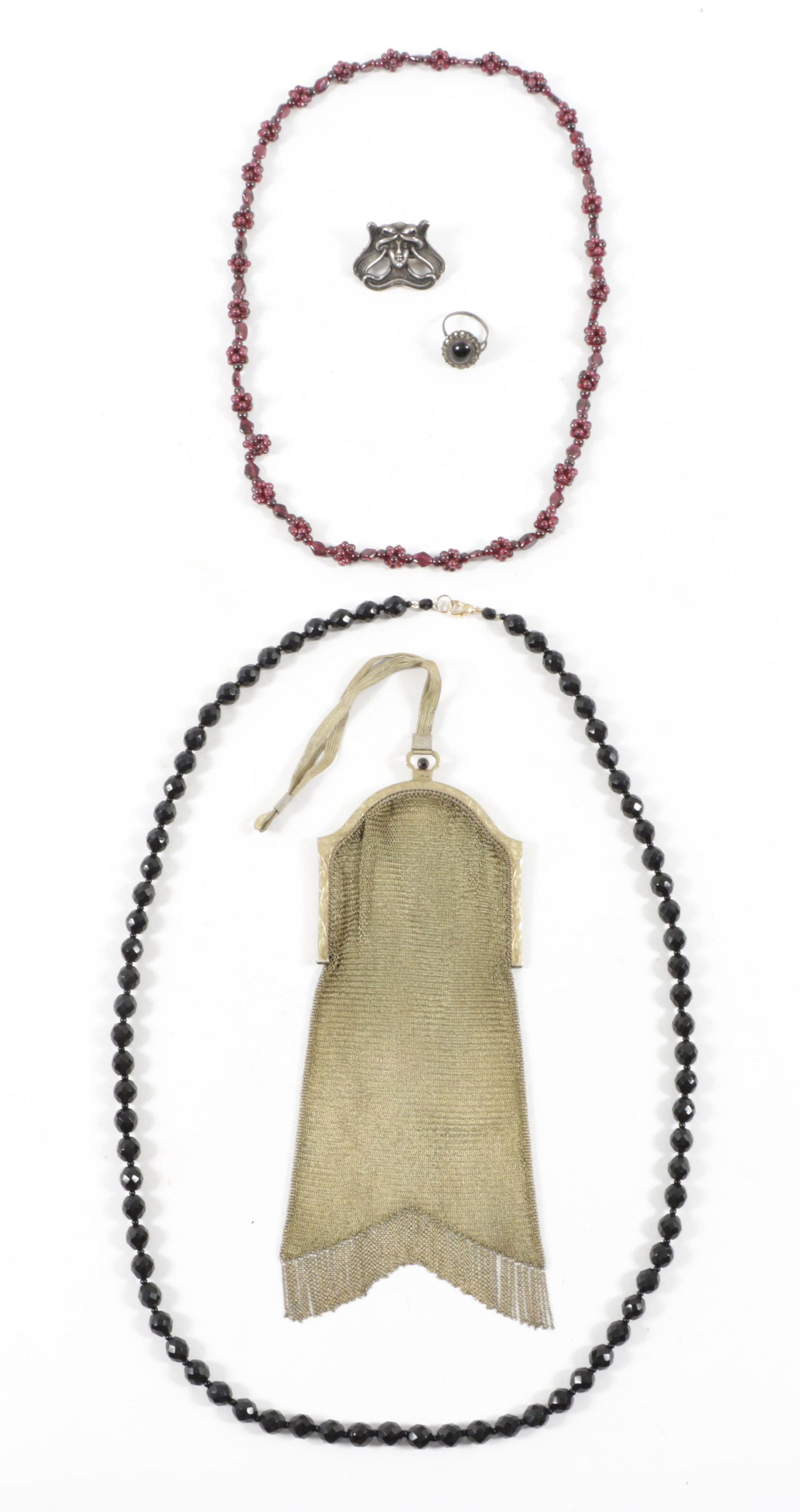 Vintage accessory 5pc group: gold-tone antique chain mesh purse, Unger Brothers sterling silver art (1 of 15)