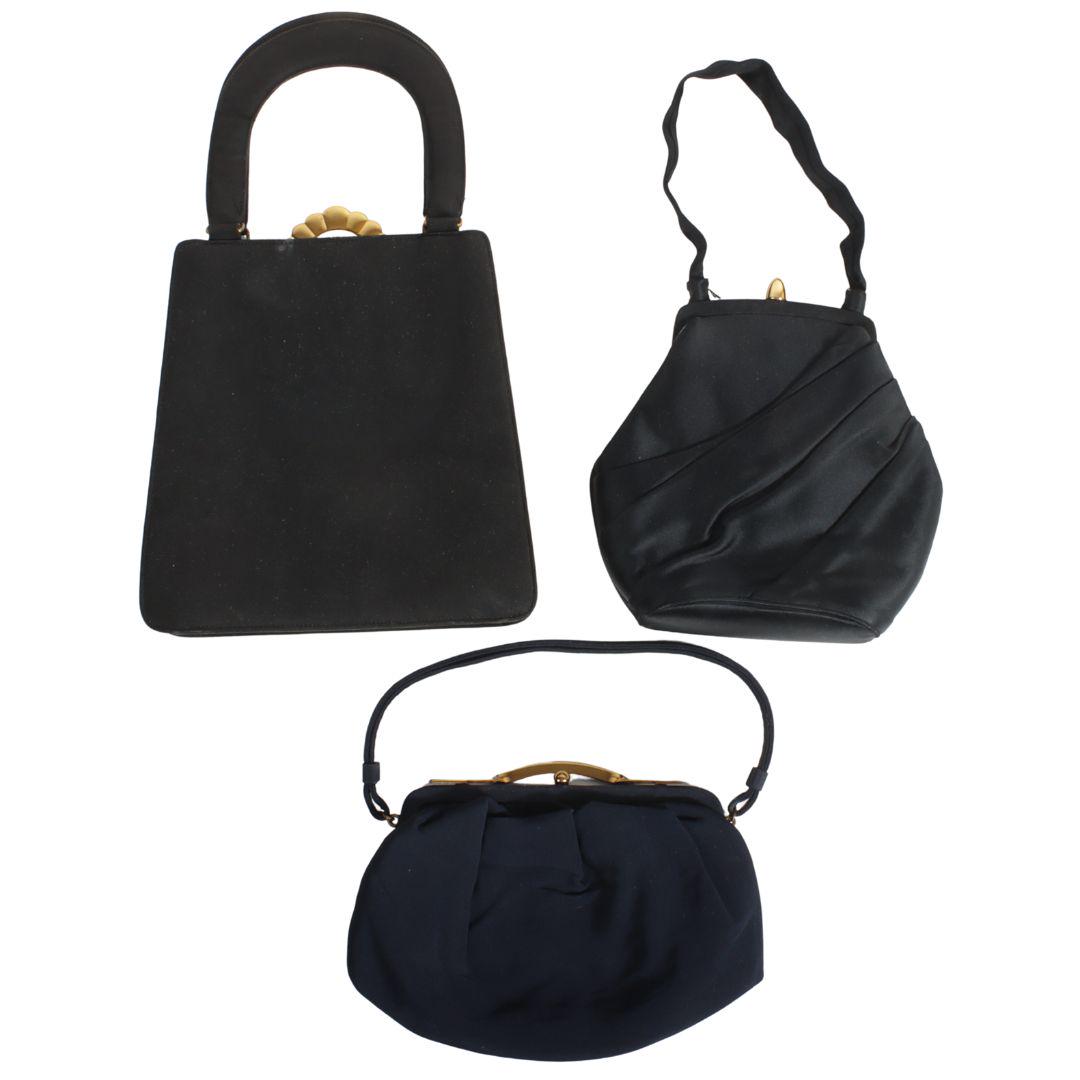 Lot of 3 vintage evening handbags: Josef black satin handbag with gold tone bullet clasp, coin (1 of 14)