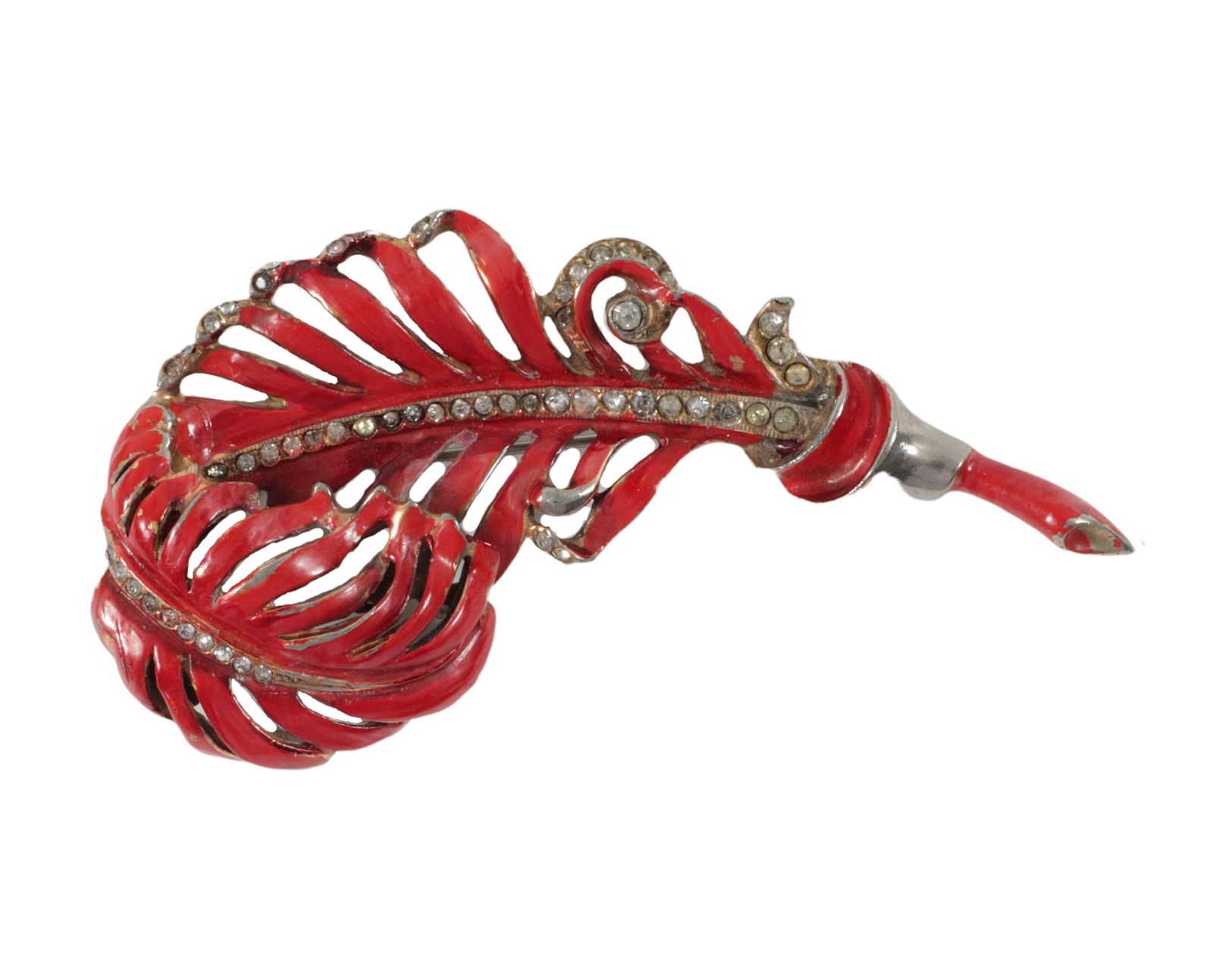 Vintage red enamel dimensional feather plume pin brooch with rhinestone detail, ca.1940s. 3 1/4"H x (1 of 3)