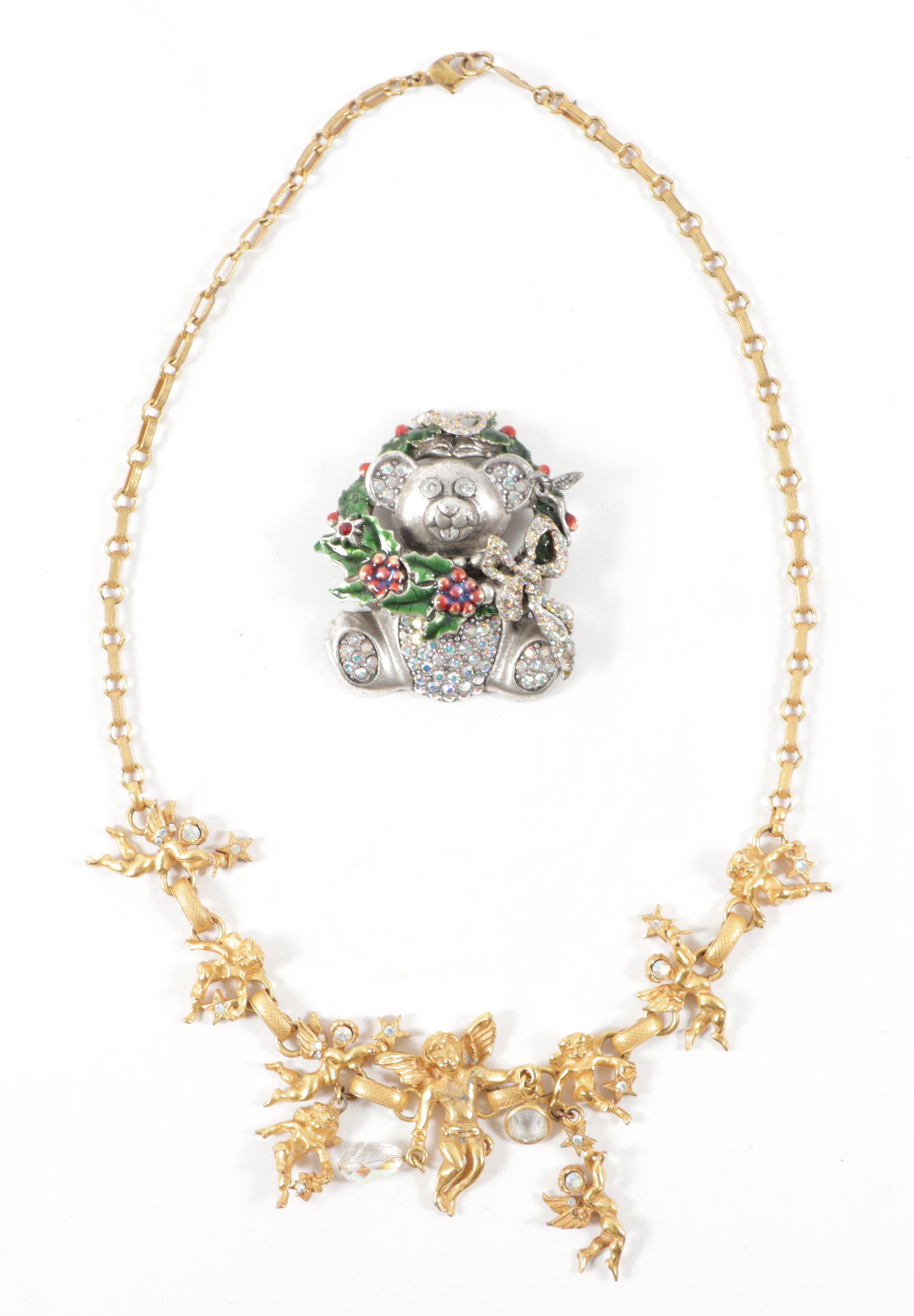 Kirks Folly 2pc group: Gold-tone angel and crystal dangle necklace with Christmas teddy bear (1 of 7)