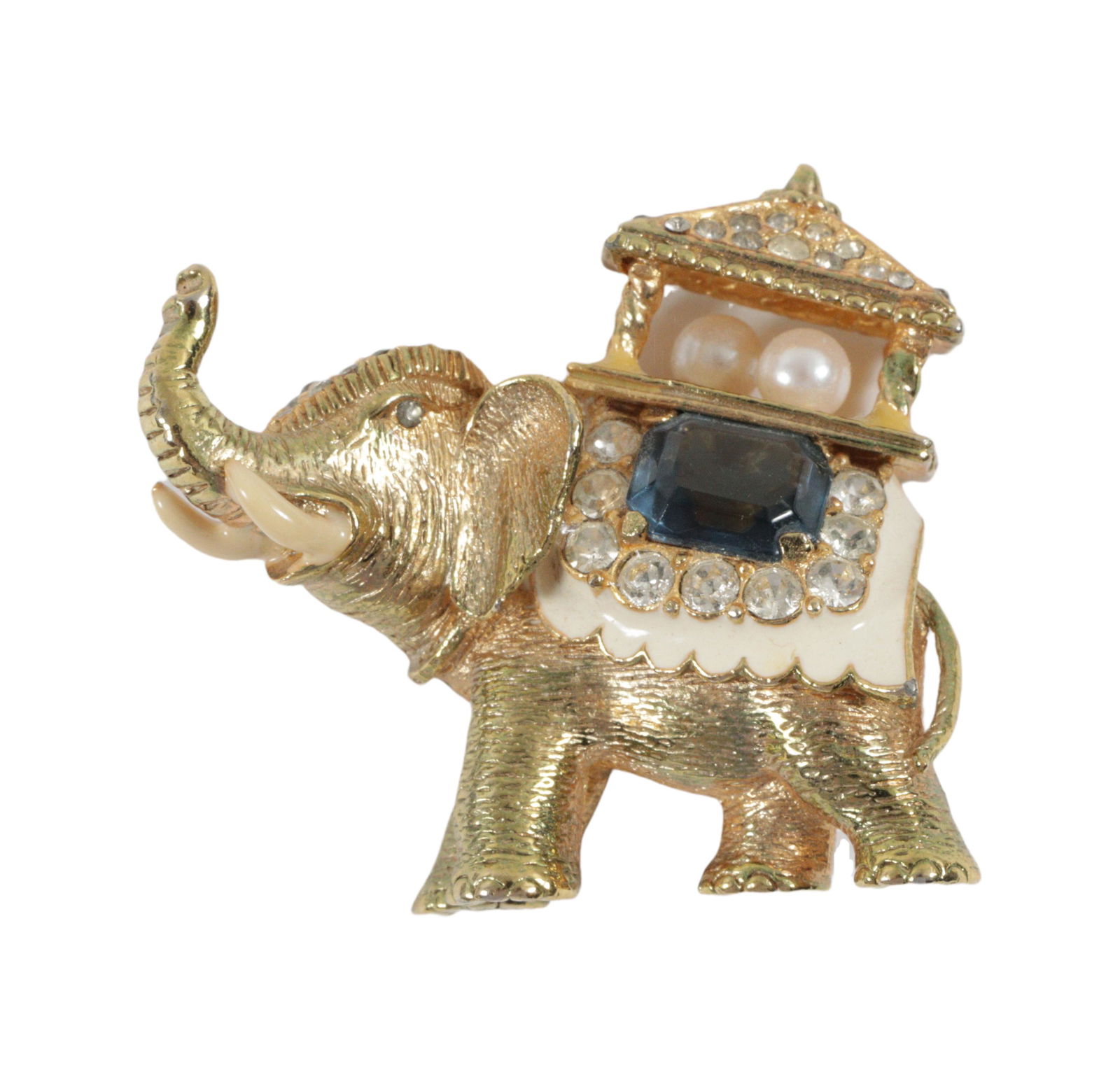 Ciner vintage gold tone elephant and howdah figural pin brooch with aqua jewel, faux pearls, enamel,: Erwin Pearl vintage gold tone elephant and howdah figural pin brooch with aqua jewel, faux pearls, enamel, and rhinestones. 2"H x 2"W