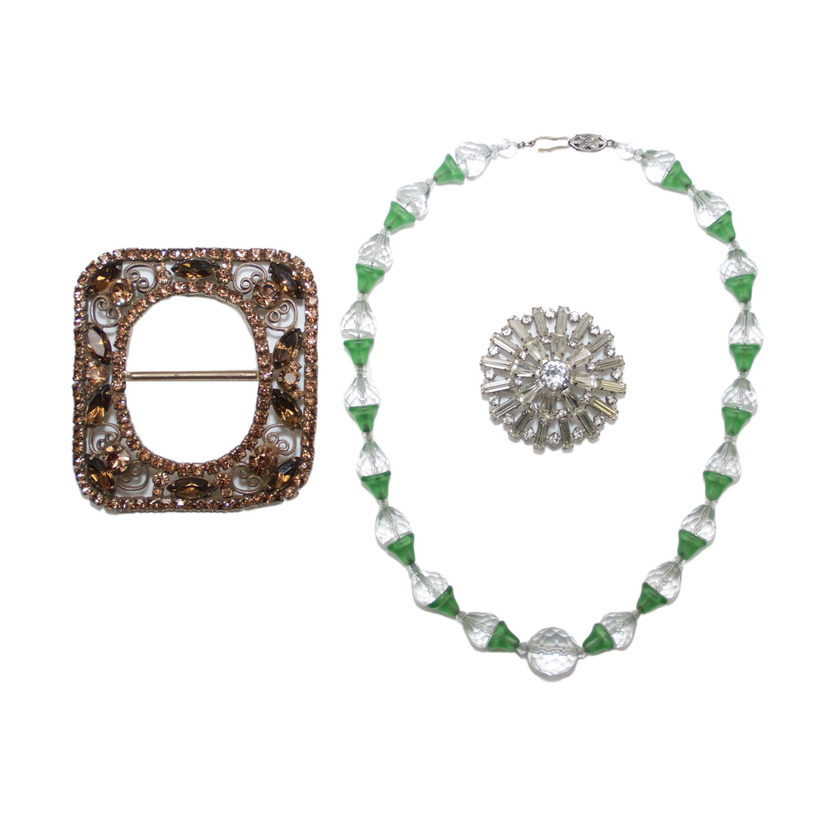 3pc jewelry group: Delizza & Elster "Julianna" topaz colored rhinestone belt buckle, 16"L x (1 of 5)