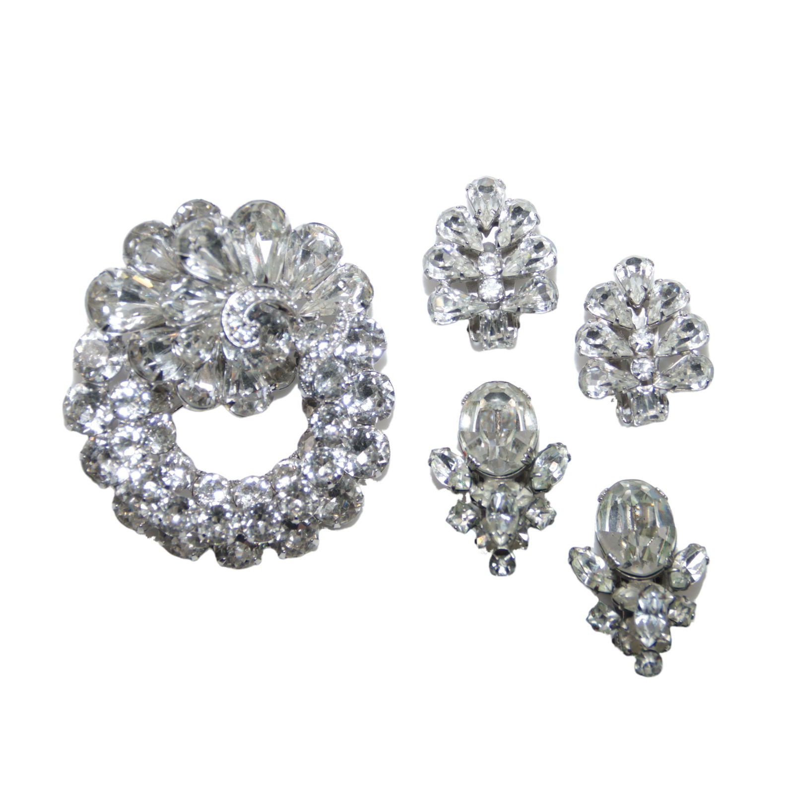 Eisenberg 3pc diamante jewelry group: pin brooch with large pear cut and round crystals, 2 1/2"H x 2 (1 of 5)