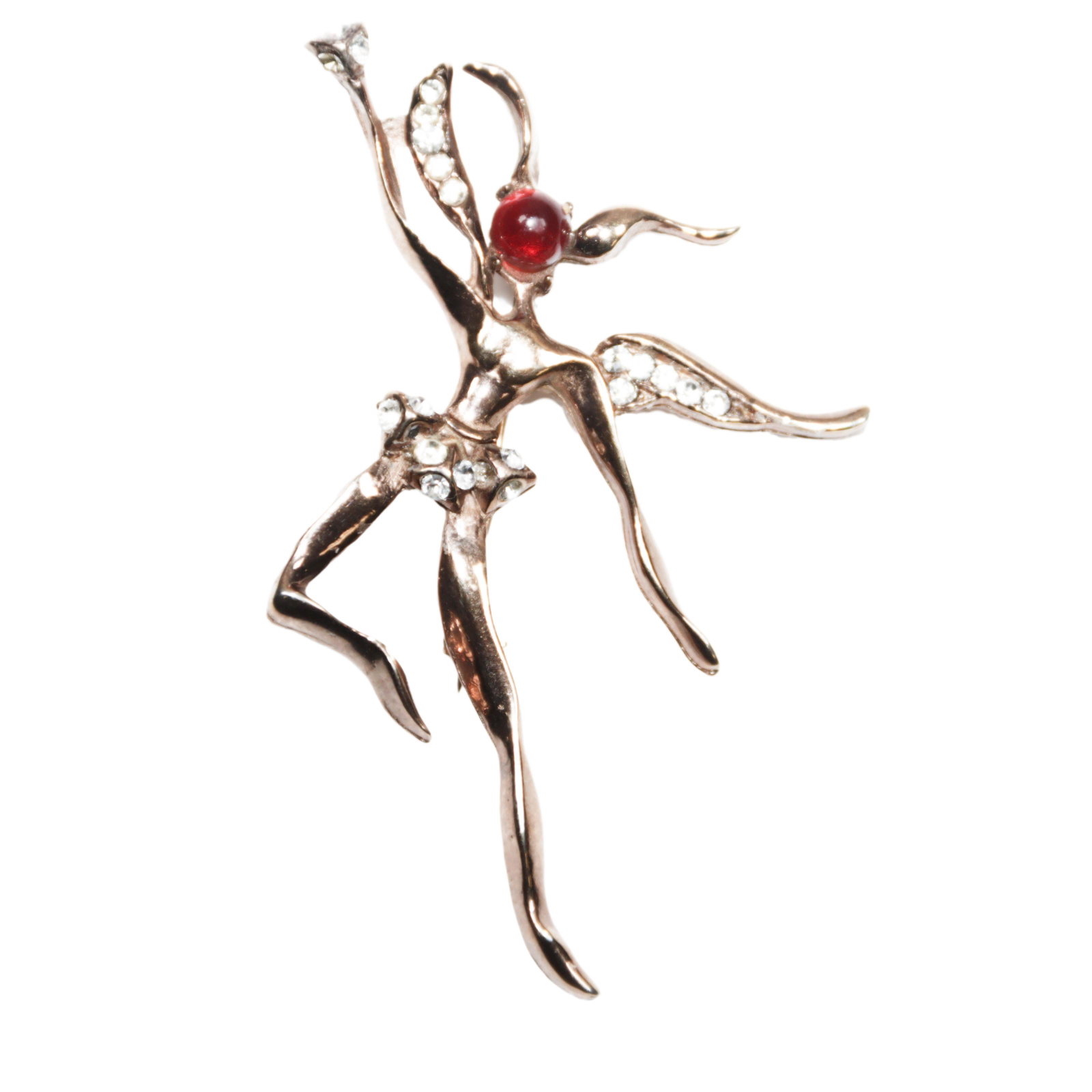 Unsigned 1940s rose gold-tone fairy ballerina modernist dancer brooch with ruby colored cabochon: Unsigned 1940s rose gold-tone fairy ballerina modernist dancer brooch with ruby colored cabochon face and rhinestones some damage to the back, possible replaced pin closure, missing a rhinestone 3"H x