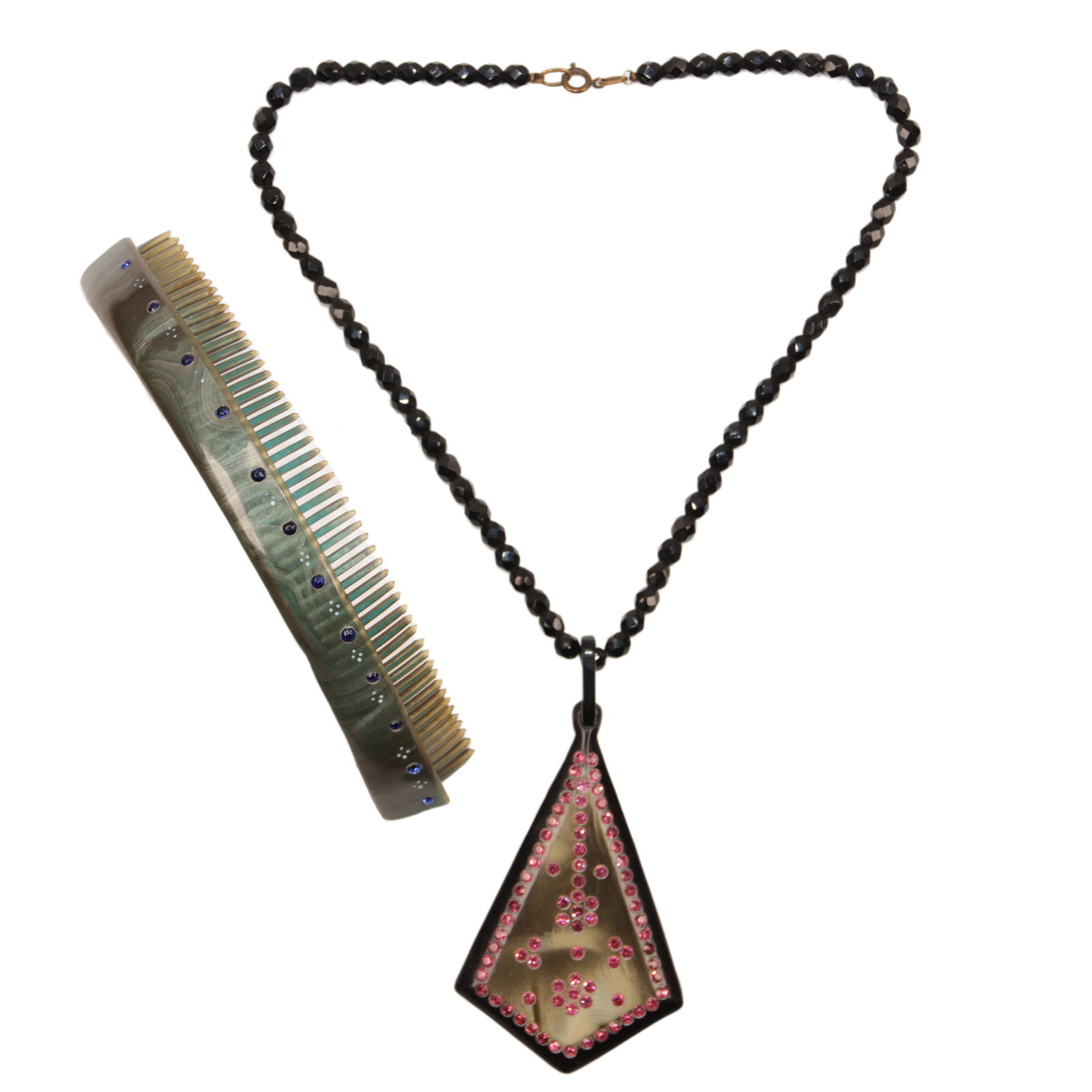 Antique French Art Deco jewel studded celluloid early plastic 2pc. 12"L x 2"W (necklace) (1 of 6)