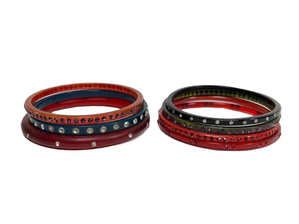 Seven red, black and blue celluloid and red & purple rhinestone sparkler bangle bracelets. 2 1/2" (1 of 15)