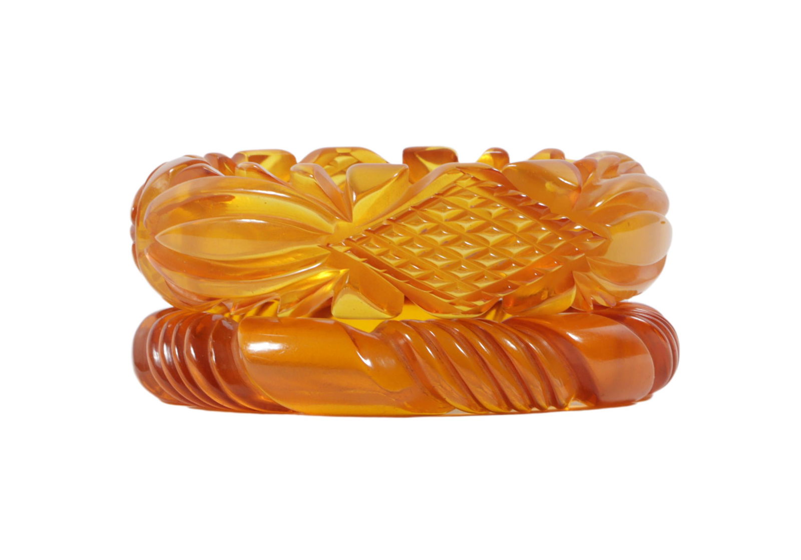 Bakelite pair of deeply carved apple juice bangle bracelets 3"Diam. x 1"H (wider) (1 of 8)