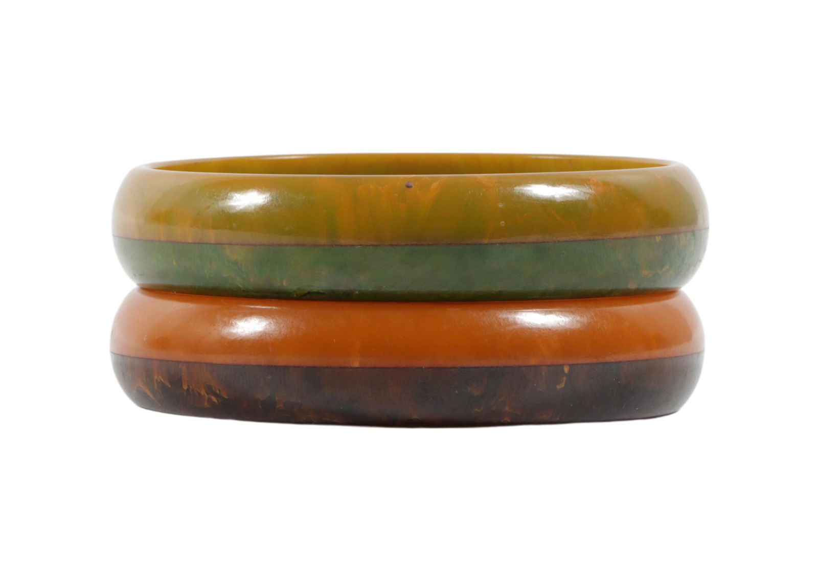 Pair of marbled, laminated, two-tone Bakelite bangle bracelets: chocolate brown with butterscotch, (1 of 10)